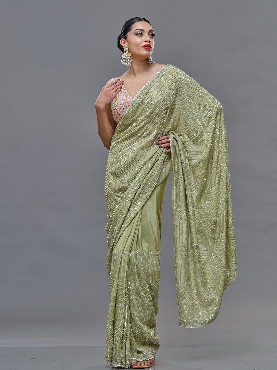 Pista Green Saree With Beads & Sequence Hexagon Design