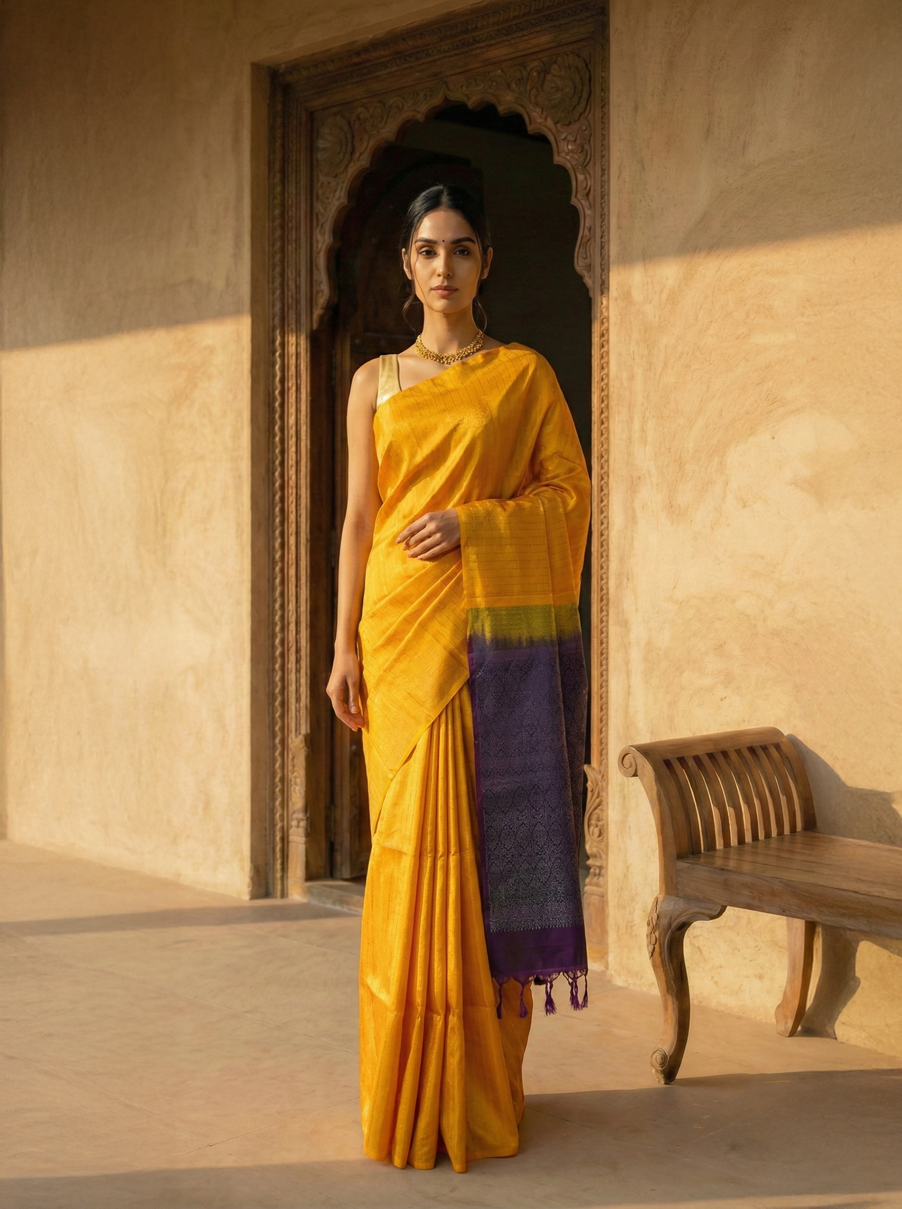 Pure Kancheepuram Silk Saree in Mango Yellow with Multi Zari – Vertical Salari Stripe Body