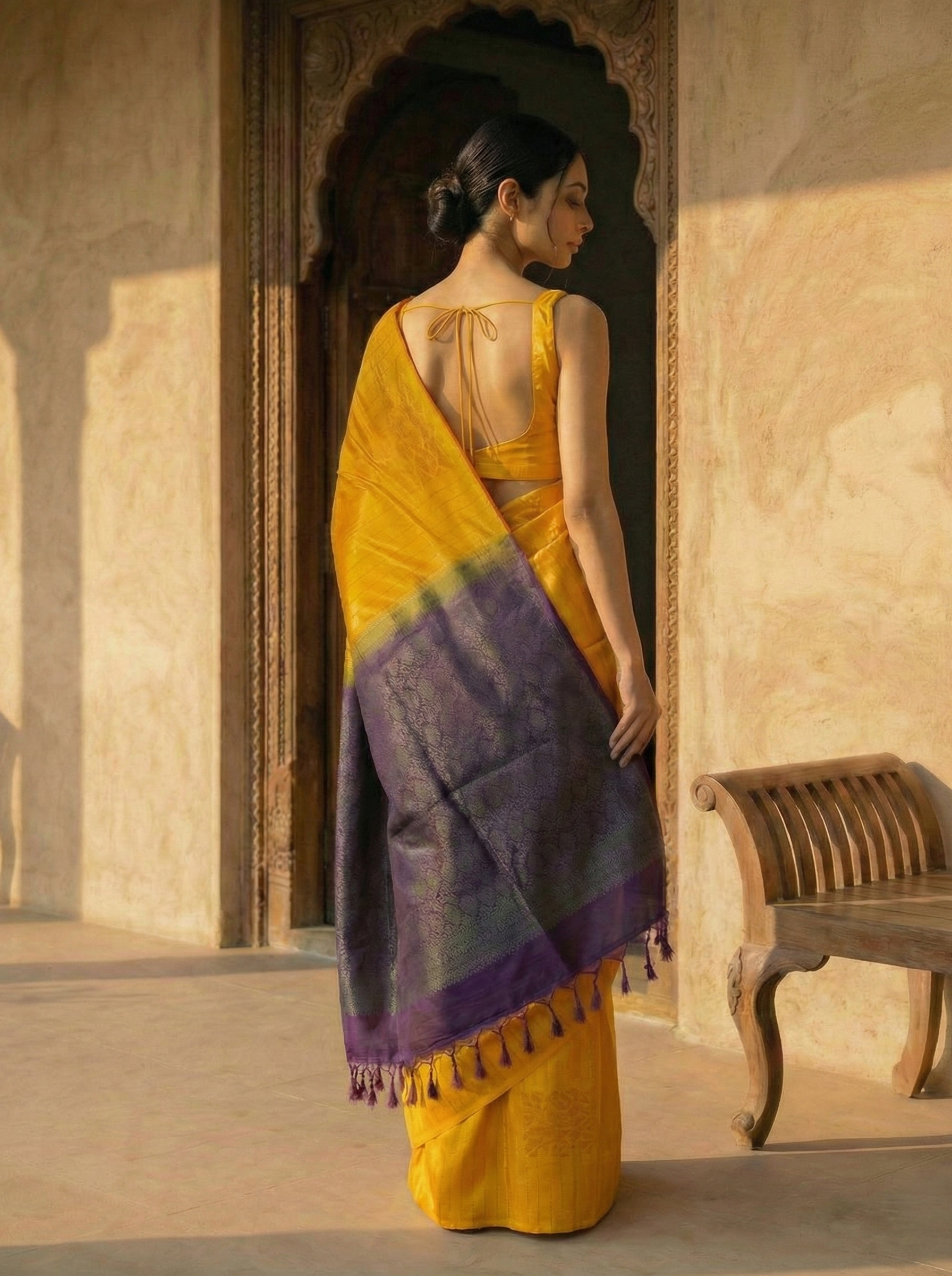 Pure Kancheepuram Silk Saree in Mango Yellow with Multi Zari – Vertical Salari Stripe Body