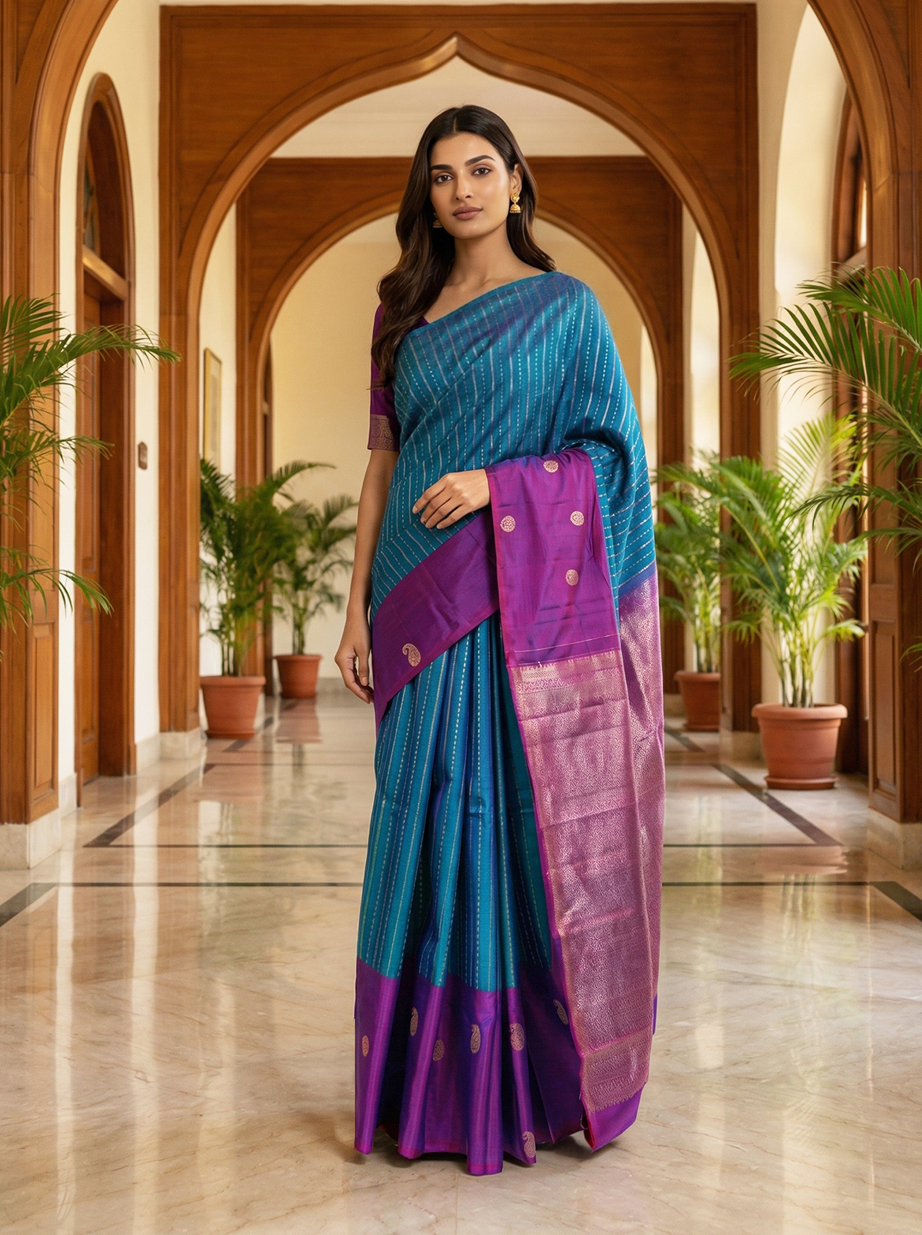 Pure Kancheepuram Silk Saree in Purple Double Shade with Contrast Pink Paisley Border