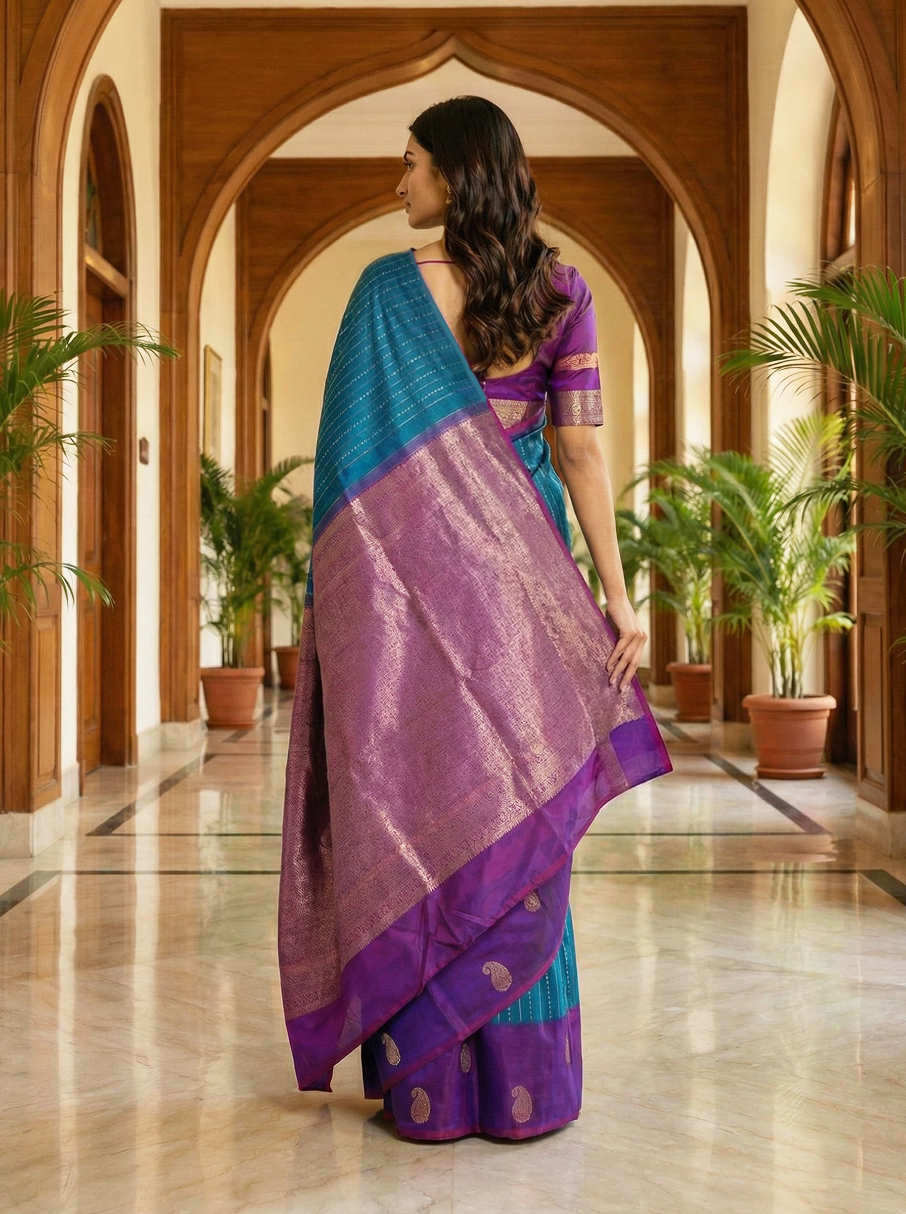 Pure Kancheepuram Silk Saree in Purple Double Shade with Contrast Pink Paisley Border