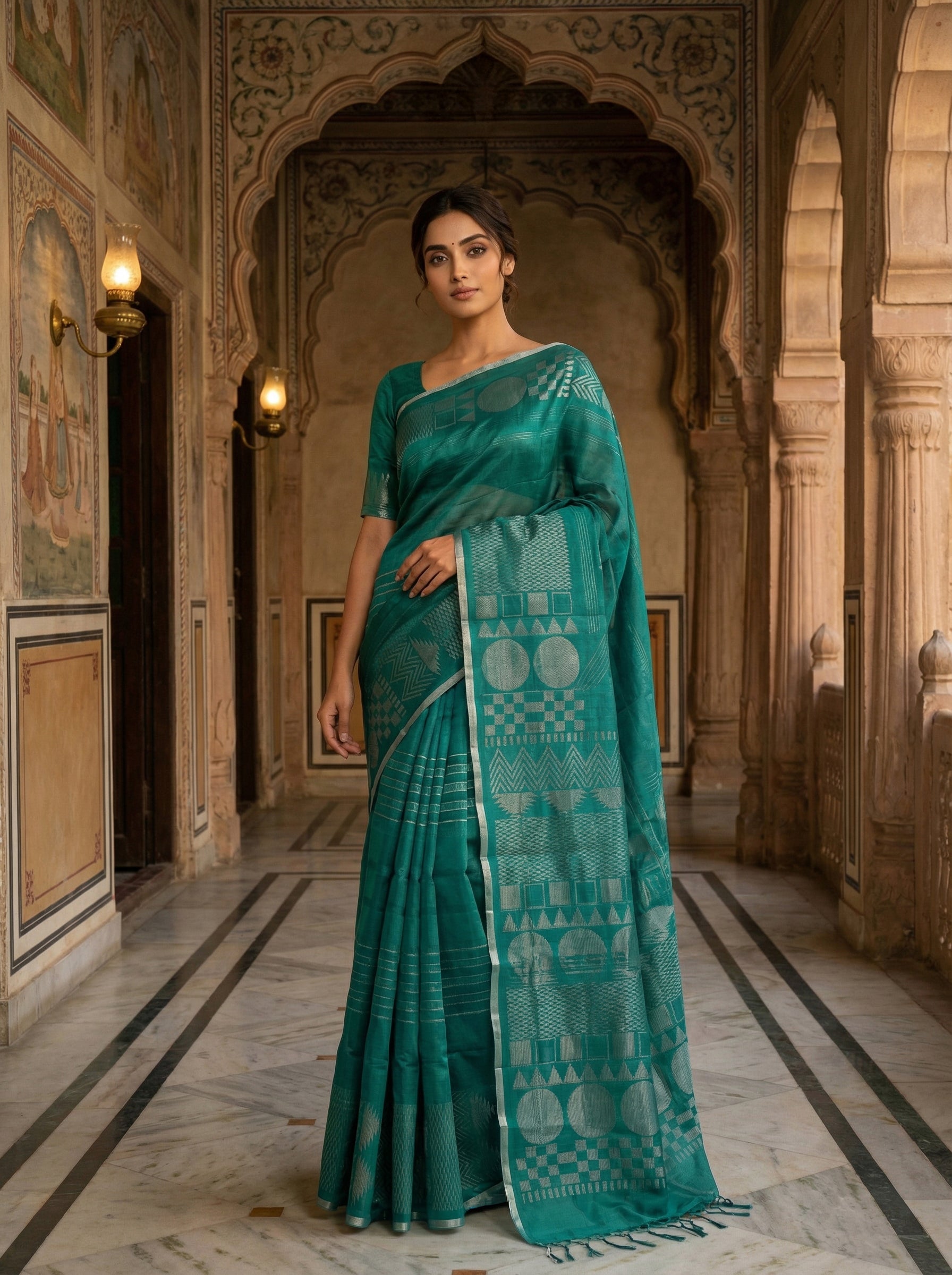 Pure Kancheepuram Silk Saree in Mallard Green with Antique Silver Zari – Striped Body
