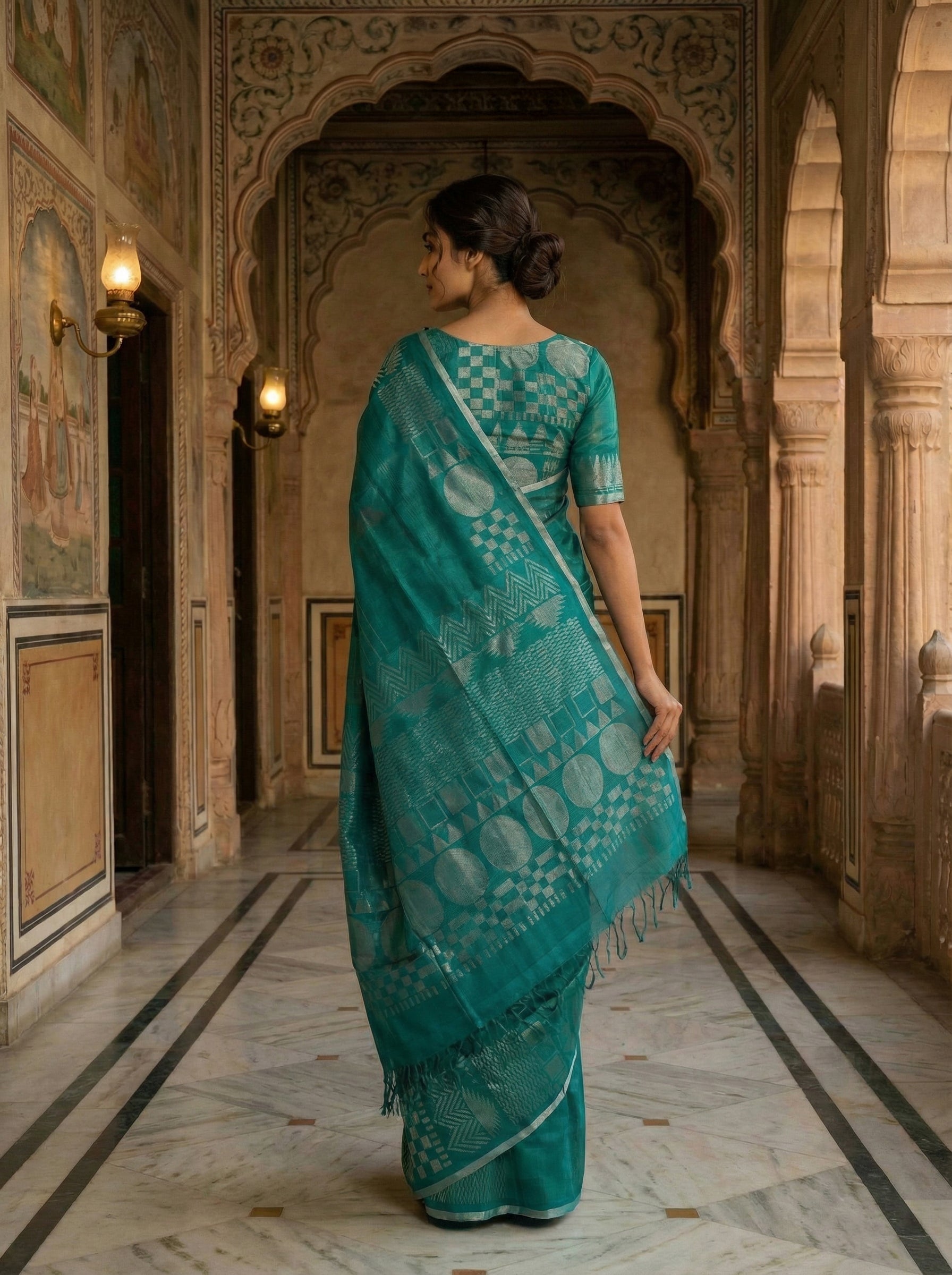 Pure Kancheepuram Silk Saree in Mallard Green with Antique Silver Zari – Striped Body