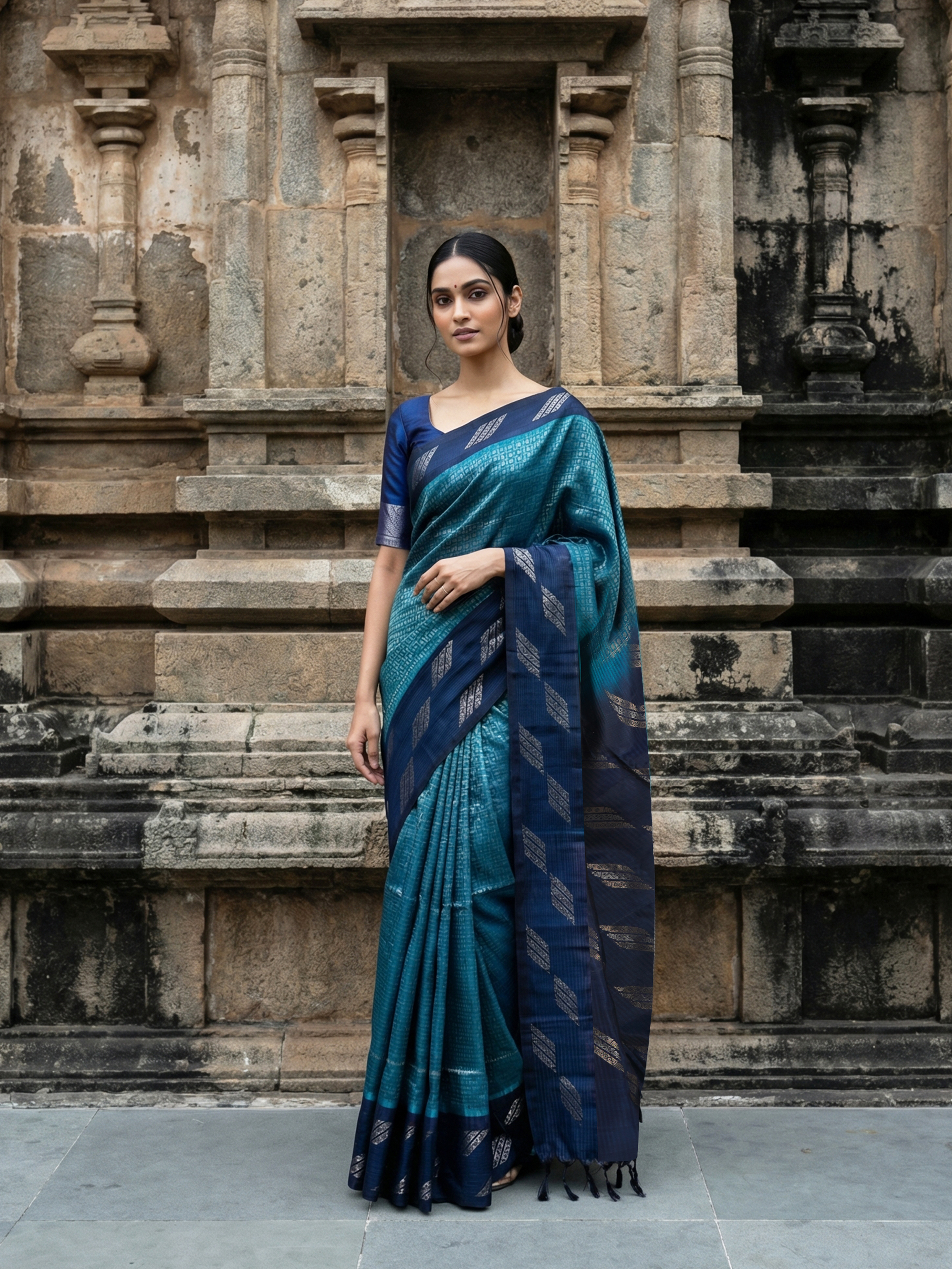 Pure Kancheepuram Silk Saree in Peacock Blue with Silver & Antique Golden Zari