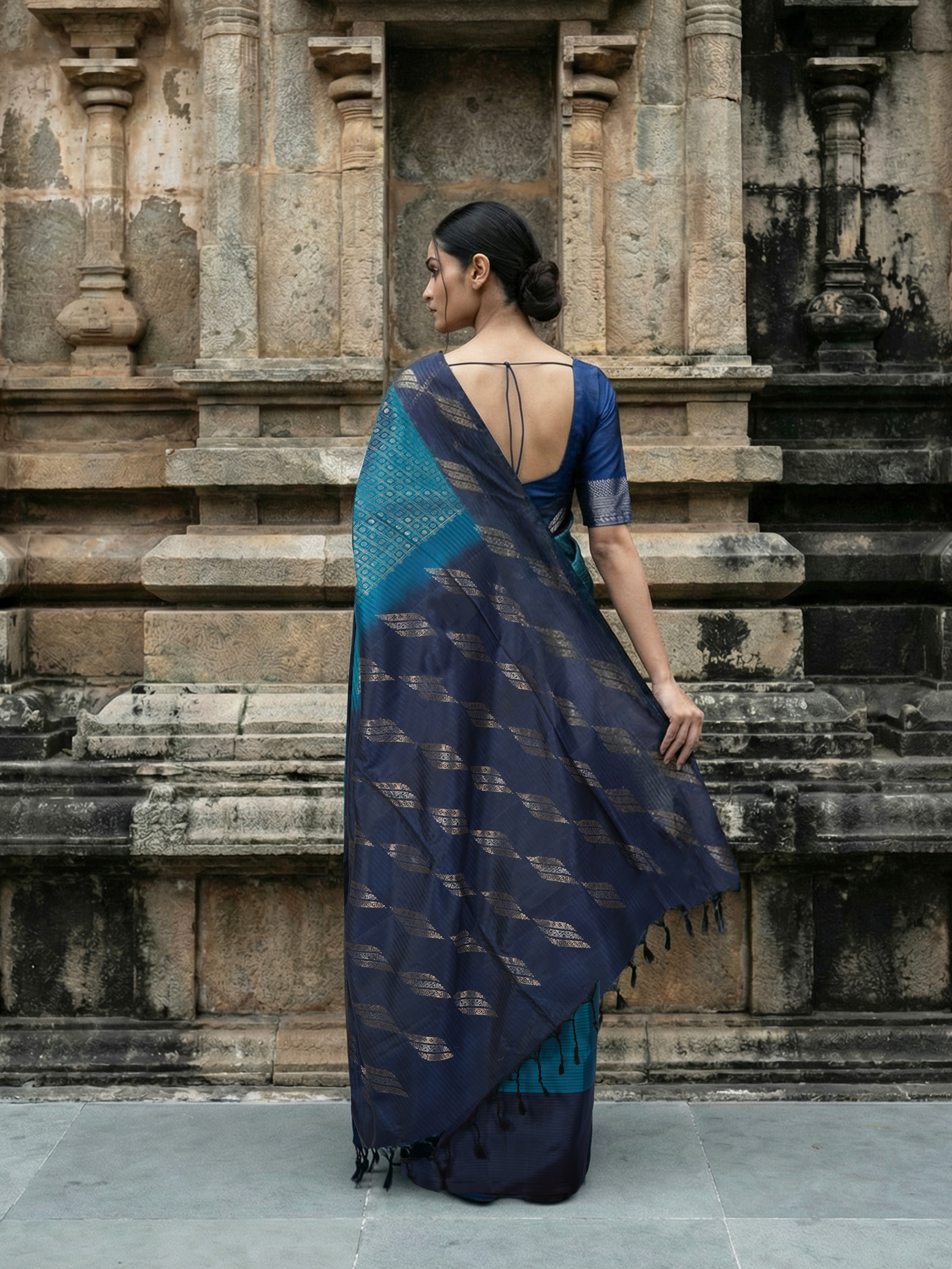 Pure Kancheepuram Silk Saree in Peacock Blue with Silver & Antique Golden Zari