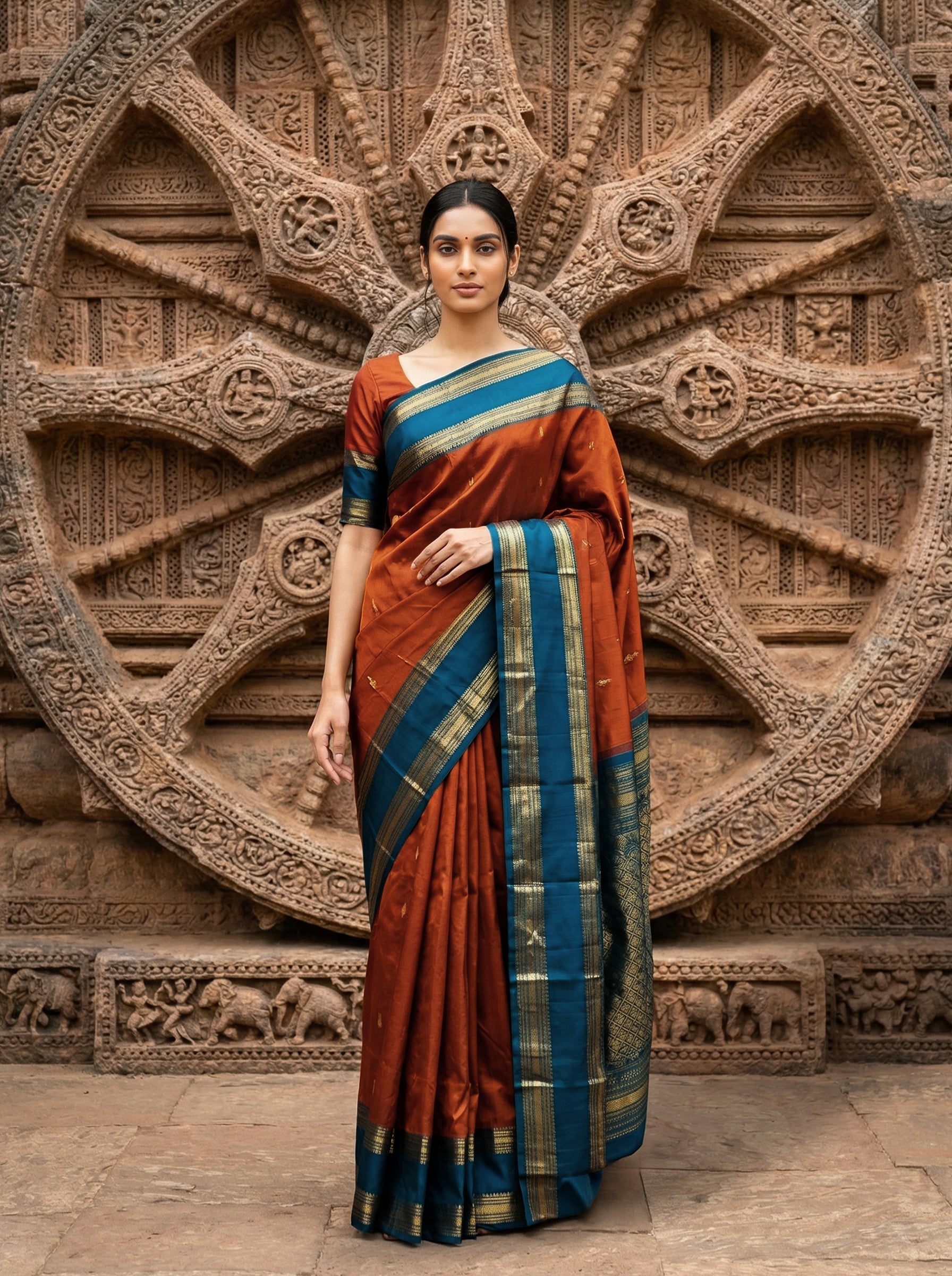 Pure Kancheepuram Silk Saree in Brick Shade with Butta Design And Golden Zari