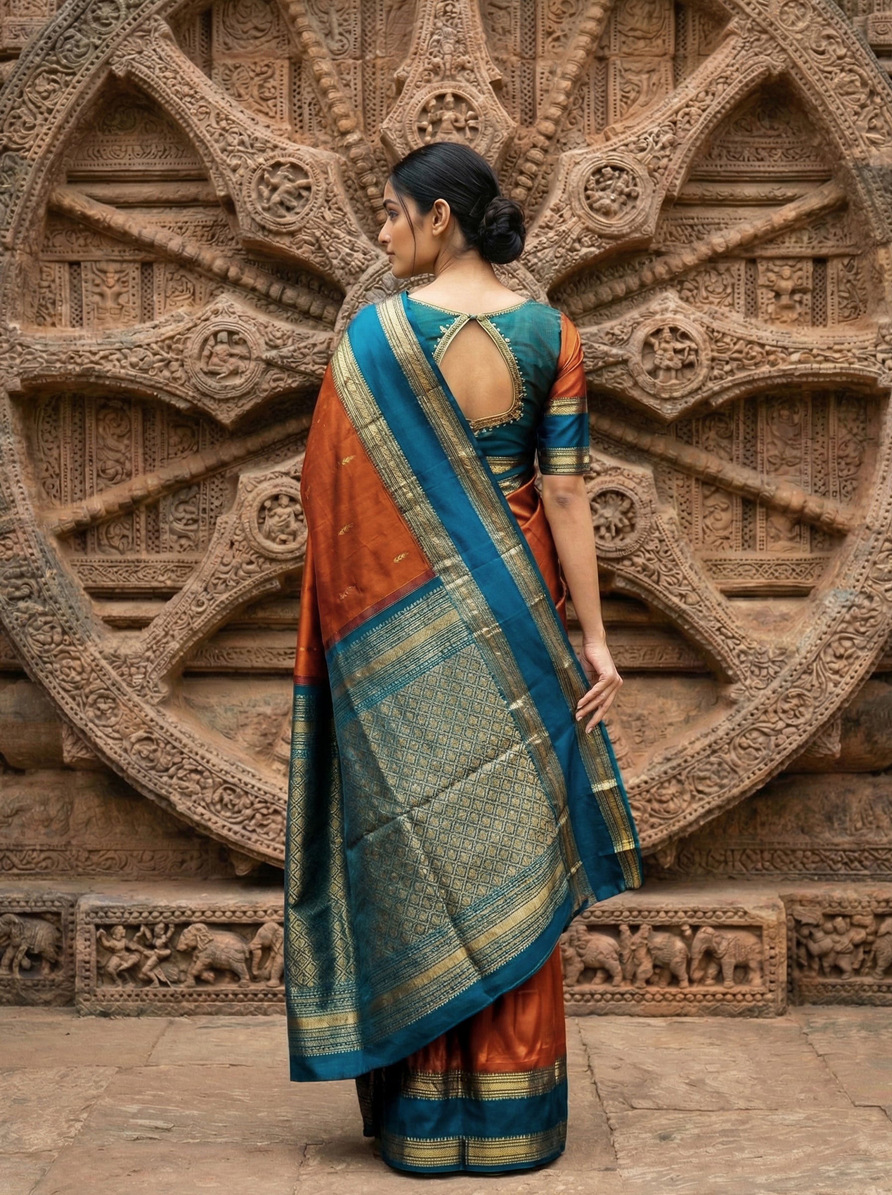 Pure Kancheepuram Silk Saree in Brick Shade with Butta Design And Golden Zari