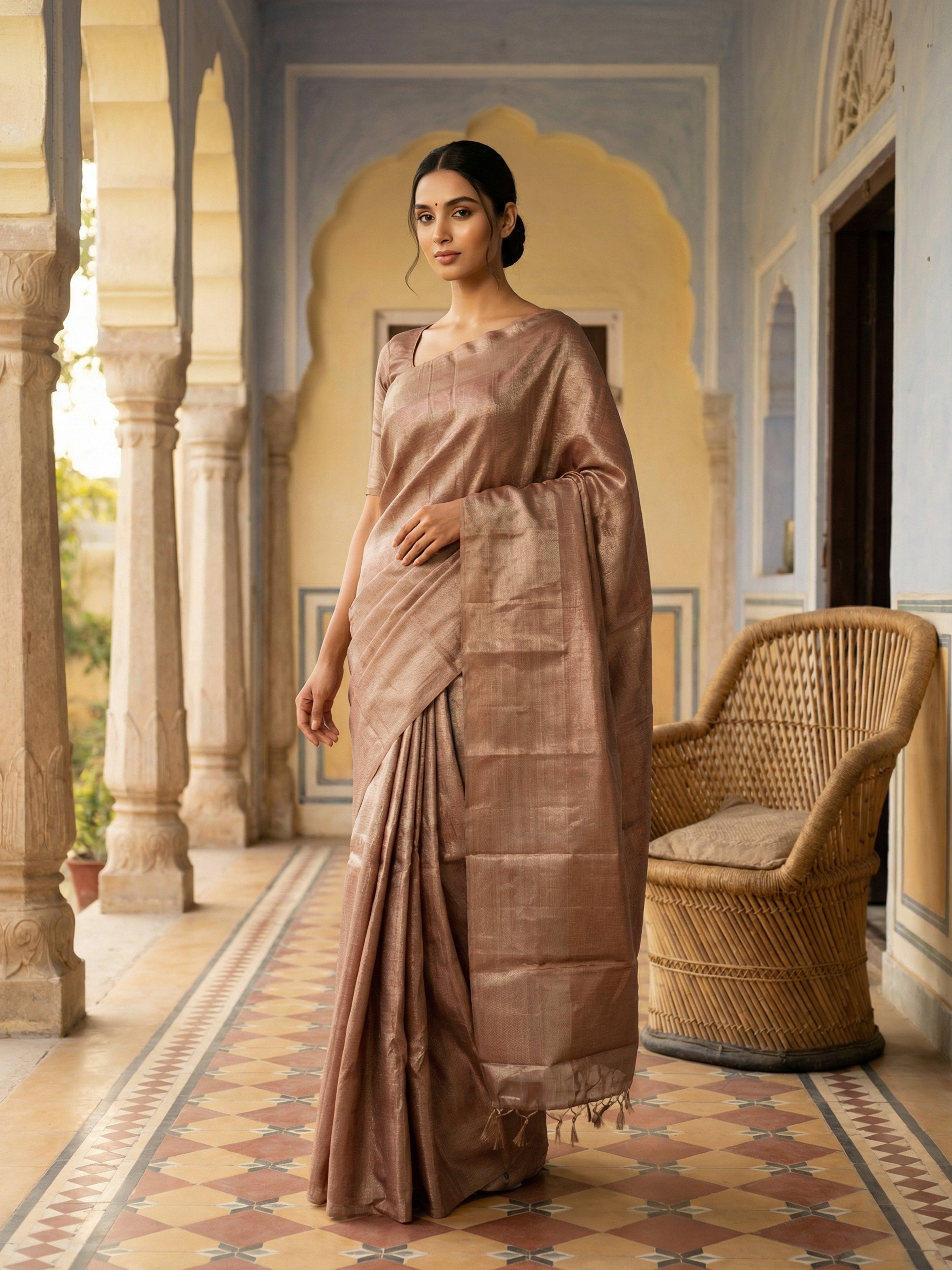 Pure Kancheepuram Brocade Silk Saree in Bright Bisque with Diamond Body And Copper Zari