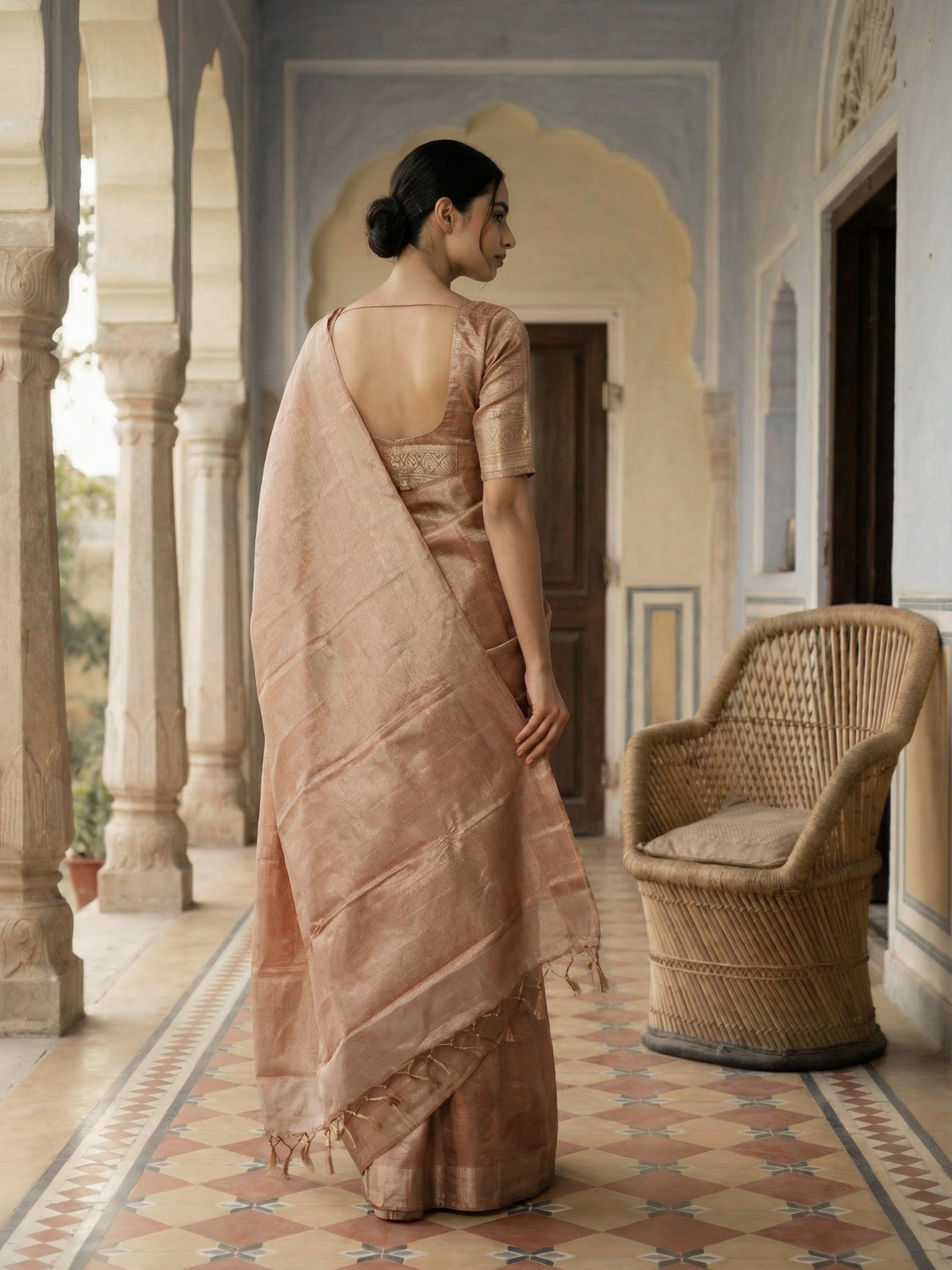 Pure Kancheepuram Brocade Silk Saree in Bright Bisque with Diamond Body And Copper Zari