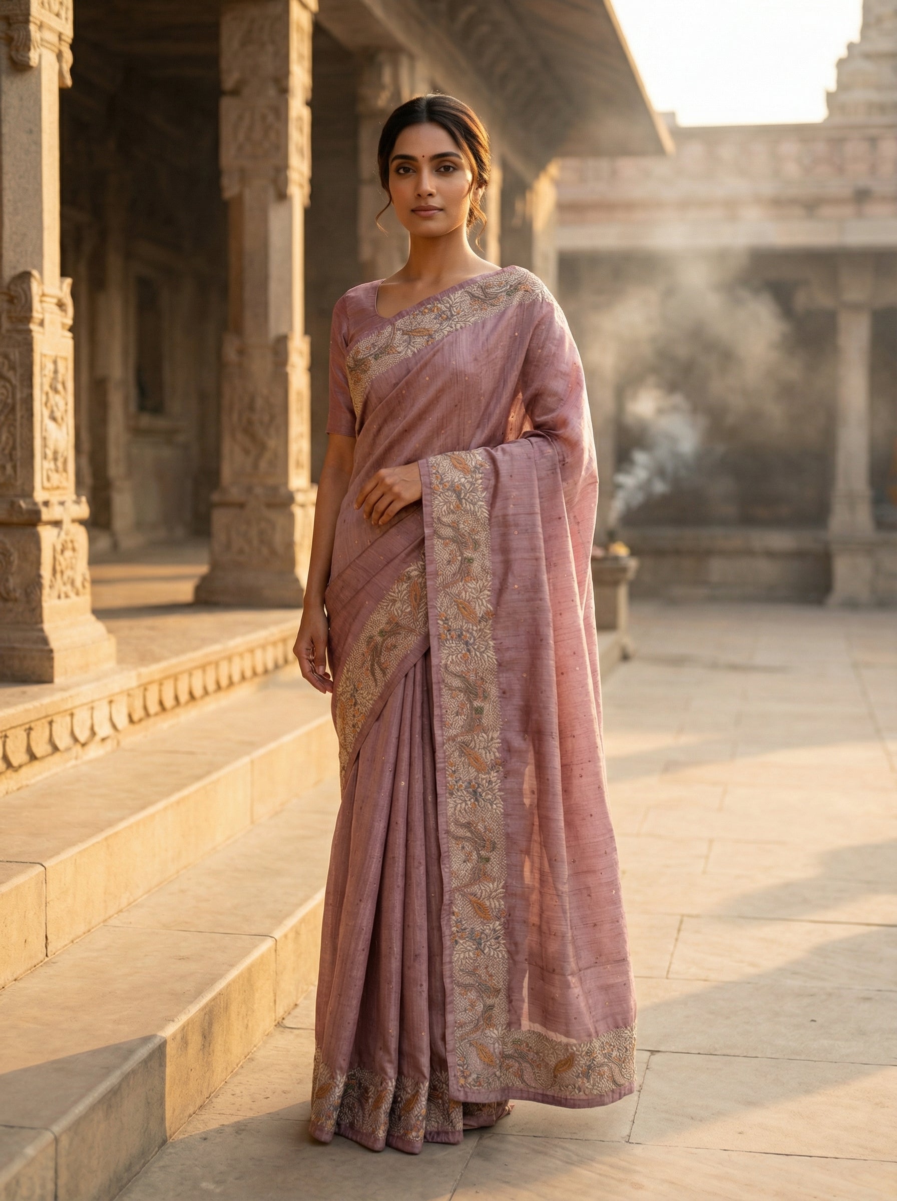 Light Onion Pink Semi Tussar Silk Saree with Golden Zari Butta & Embroidered Floral Bird Border