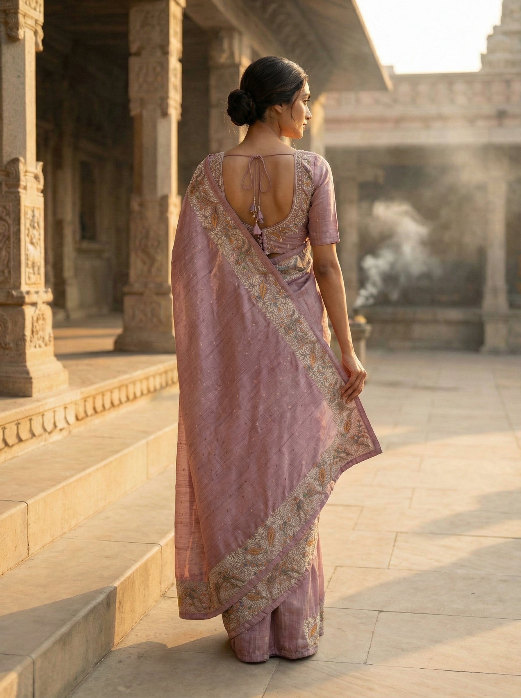 Light Onion Pink Semi Tussar Silk Saree with Golden Zari Butta & Embroidered Floral Bird Border