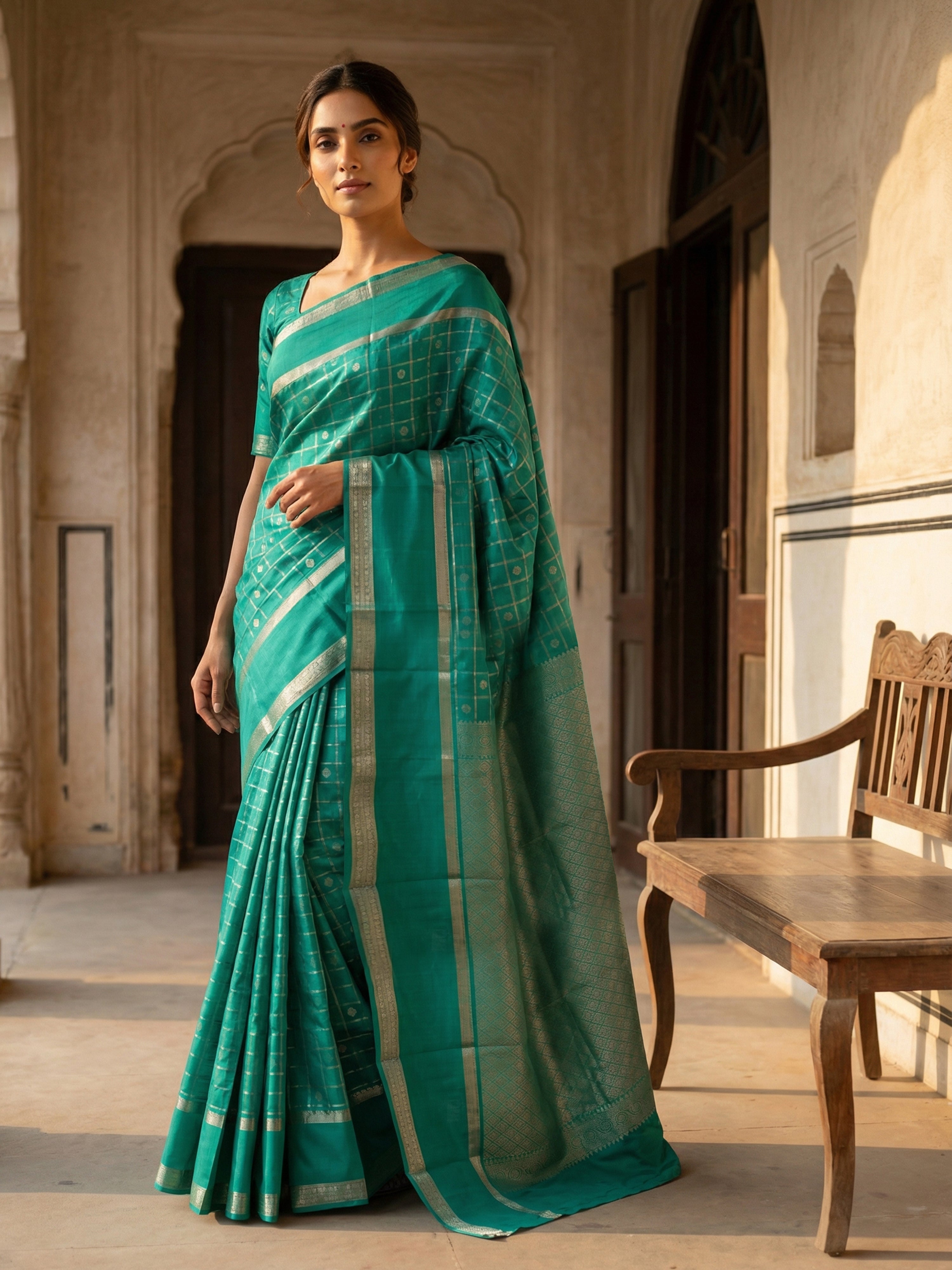 Pure Kancheepuram Silk Saree in Tropical Jade with Antique Golden Zari – Checked Body