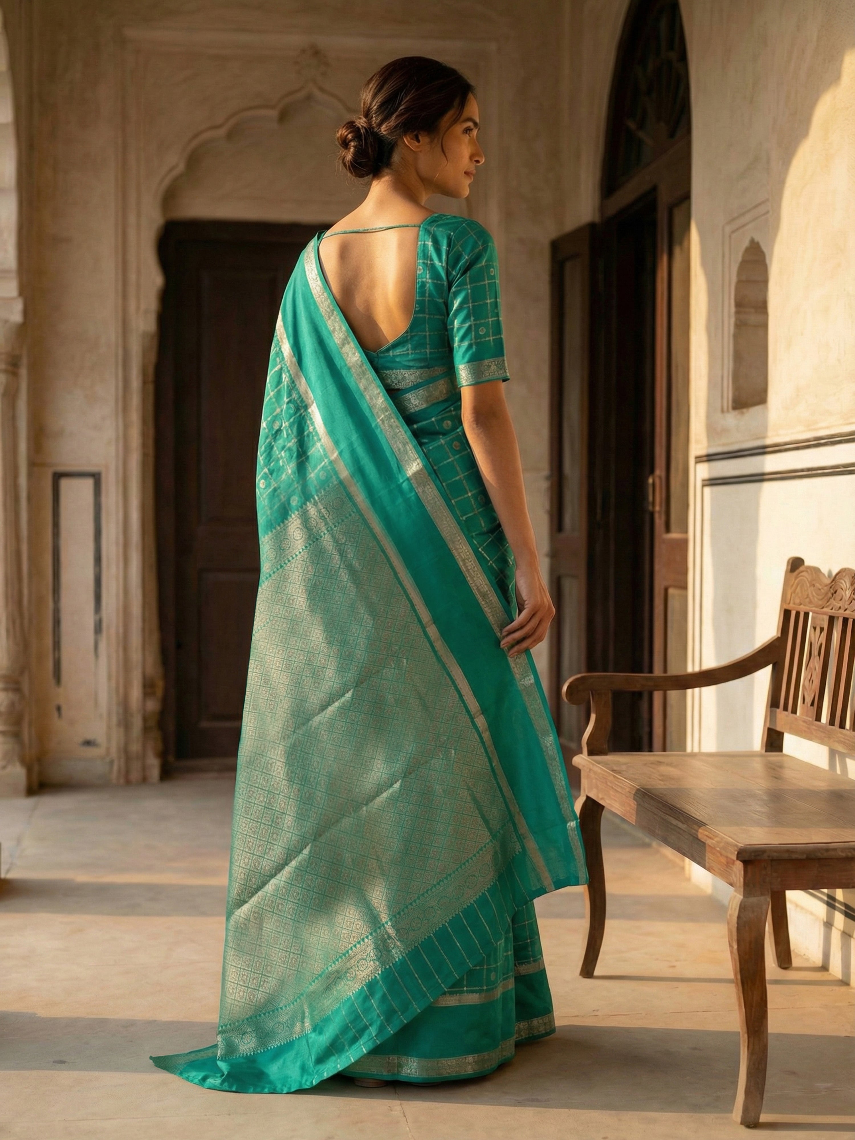 Pure Kancheepuram Silk Saree in Tropical Jade with Antique Golden Zari – Checked Body