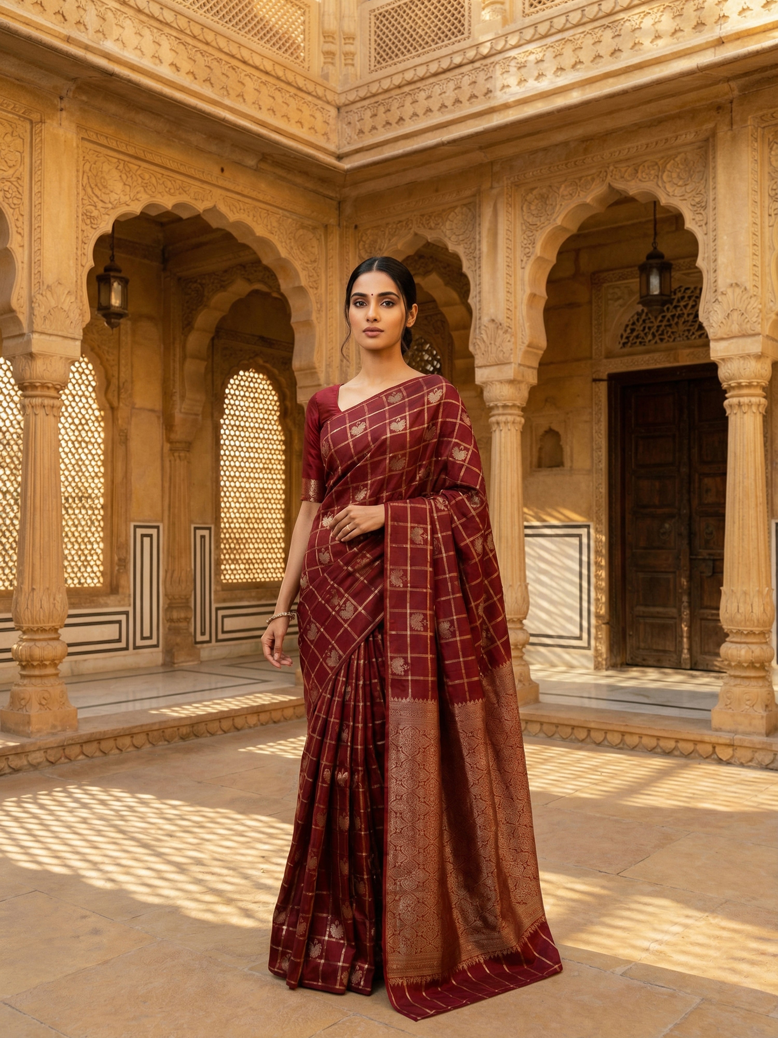 Pure Kancheepuram Silk Saree in Maroon with Antique Gold Zari – Checked Body with Peacock Motifs