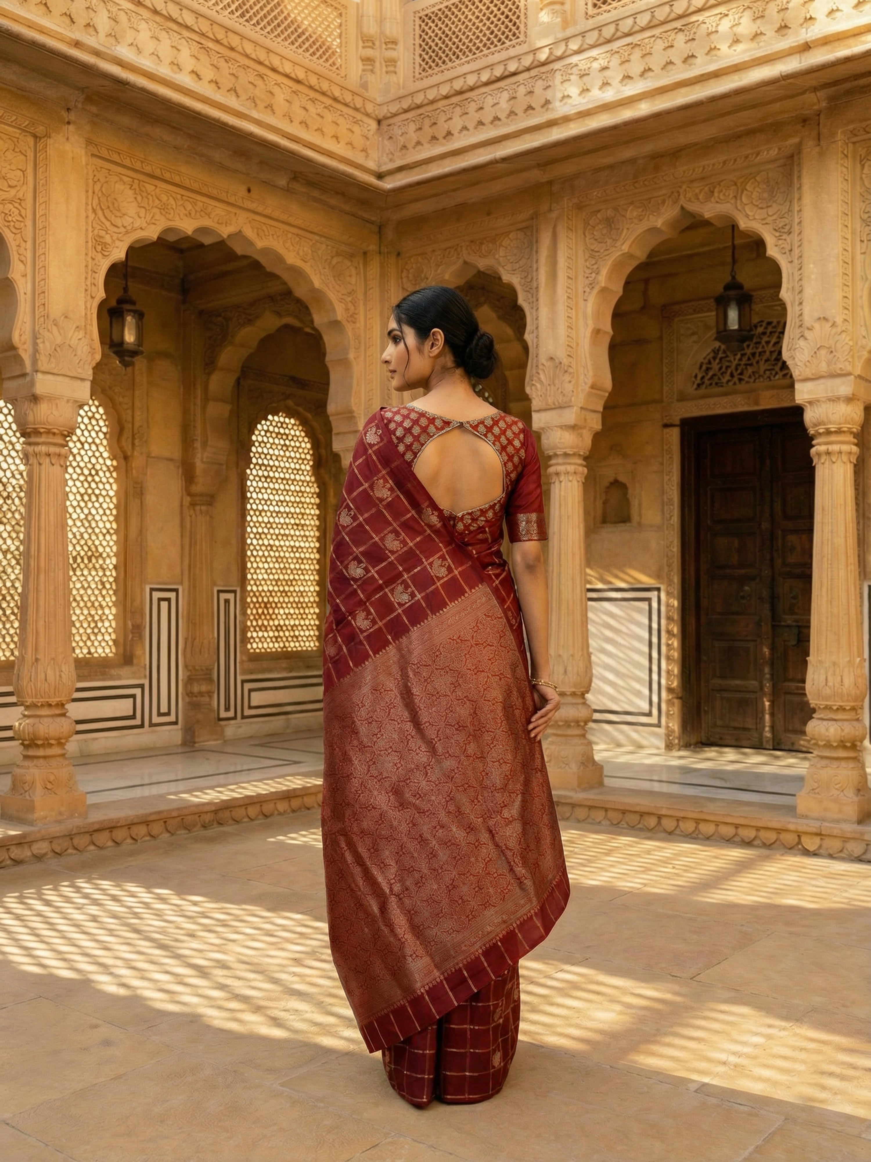 Pure Kancheepuram Silk Saree in Maroon with Antique Gold Zari – Checked Body with Peacock Motifs