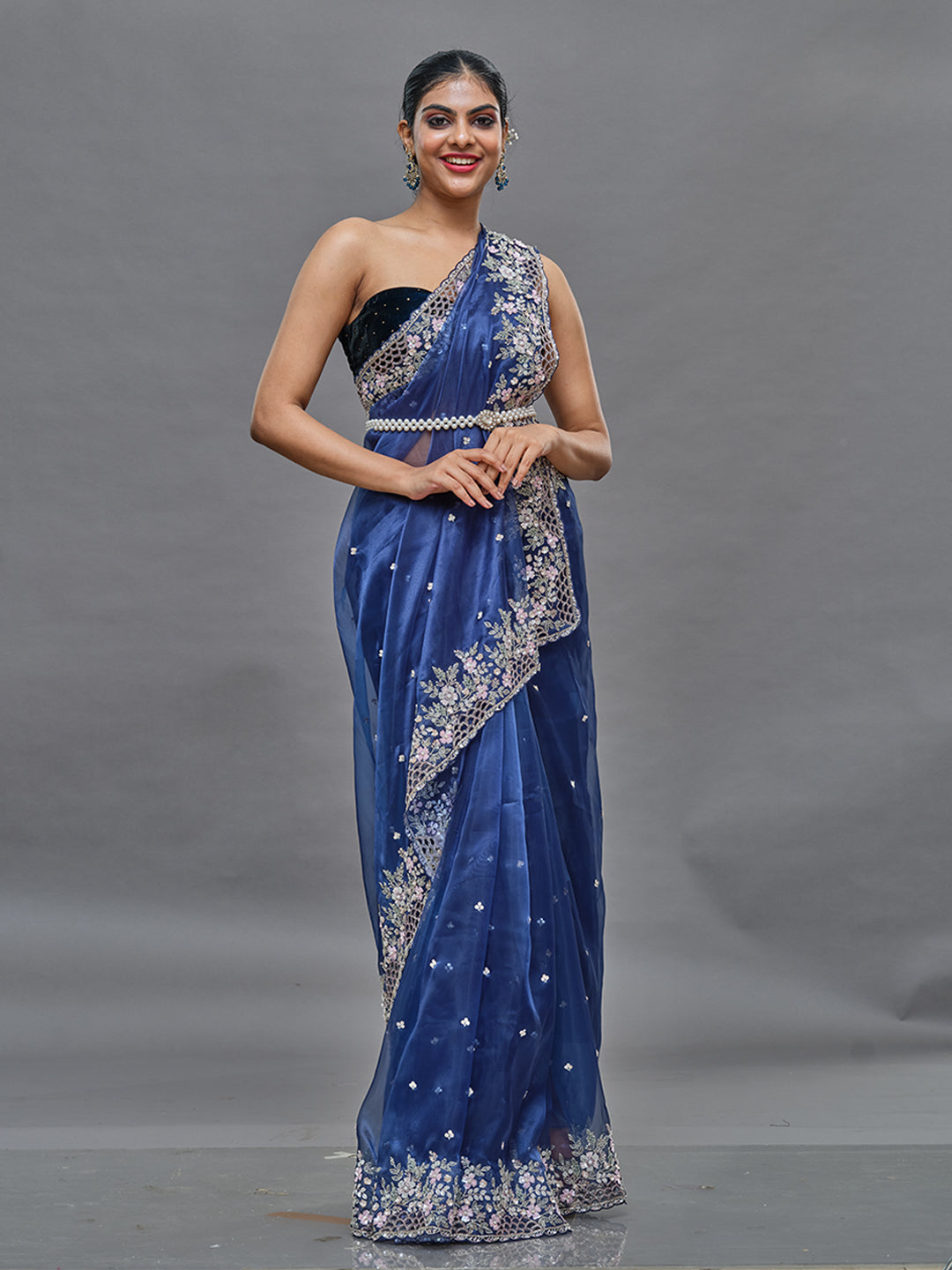 Cutwork Border With Beads & Sequence Floral Handwork Saree