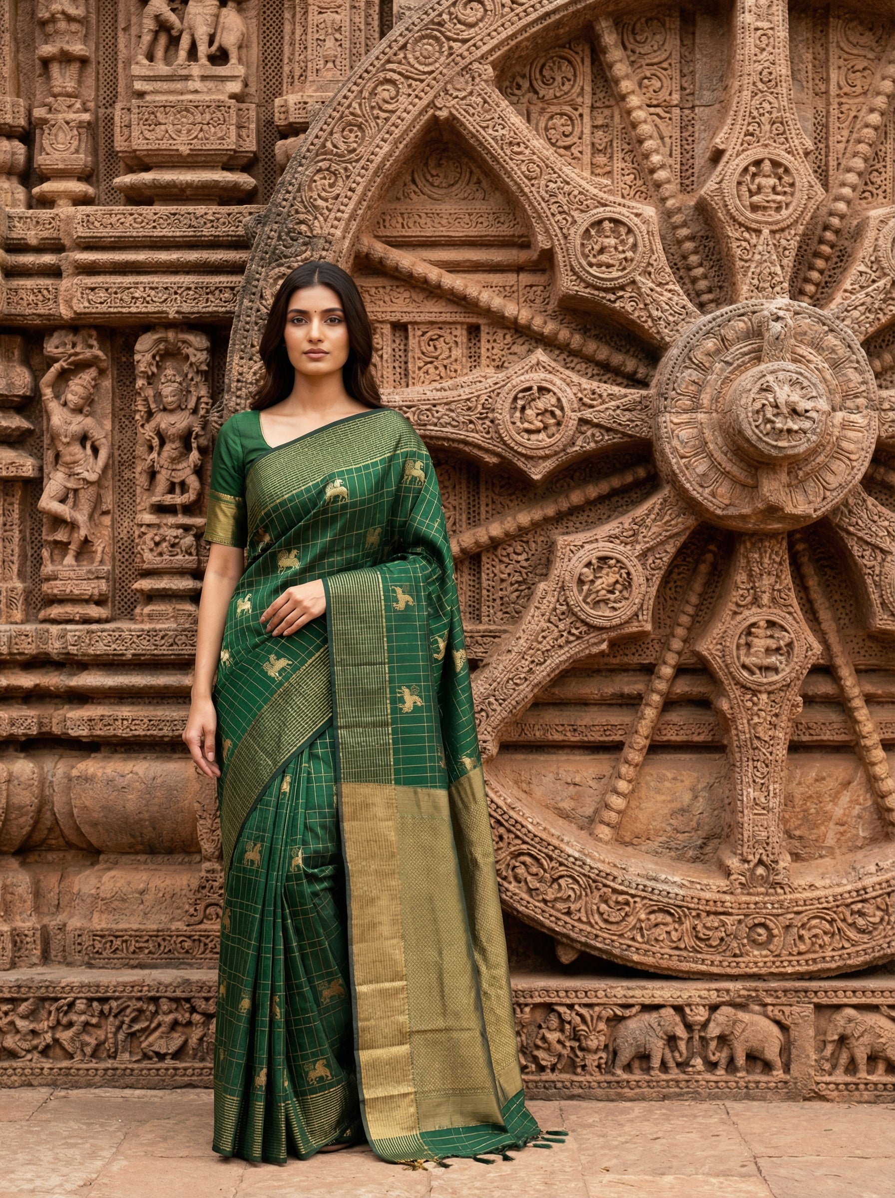 Bottle Green Check Designed Kancheepuram Saree