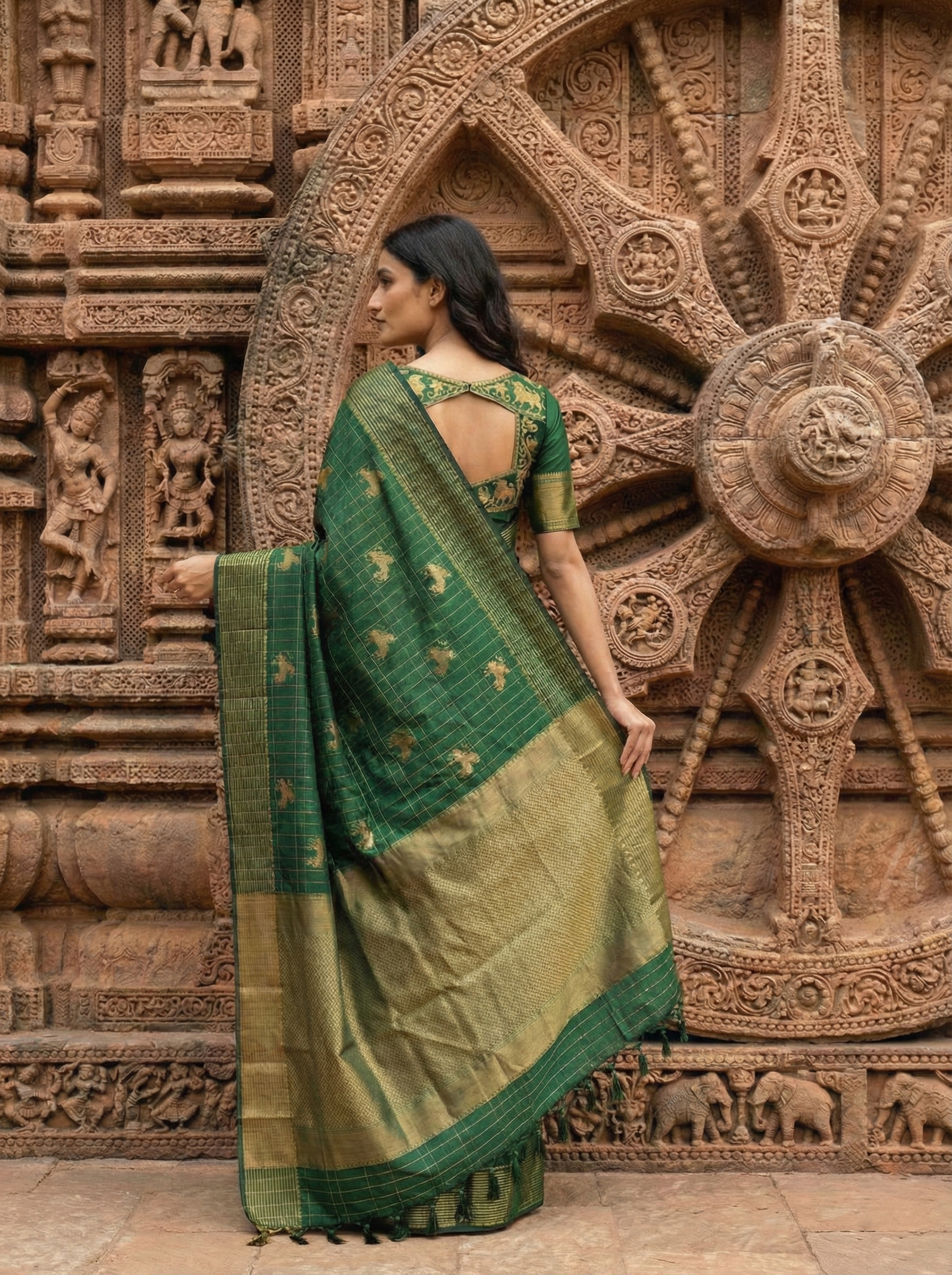 Bottle Green Check Designed Kancheepuram Saree