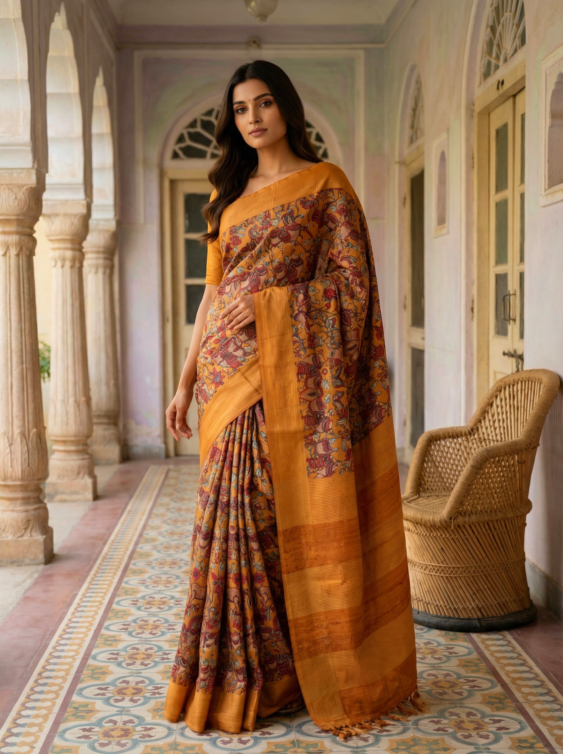 Pure Tussar Silk Saree in Ochre Yellow with Pichwai Design & Self Border