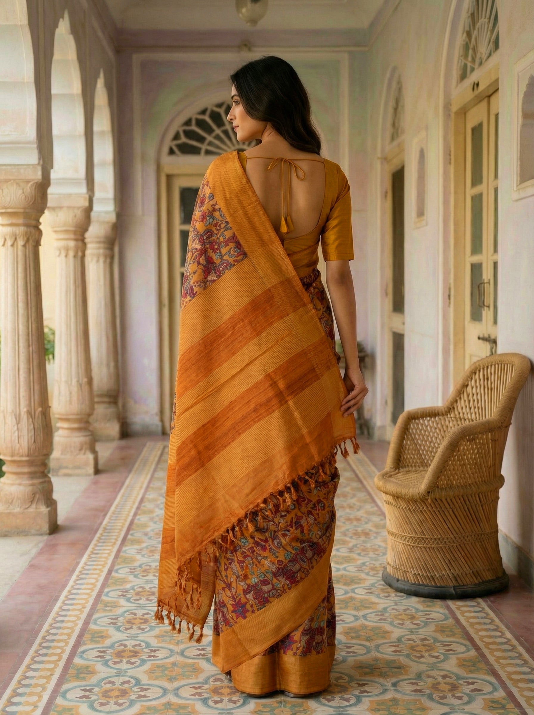 Pure Tussar Silk Saree in Ochre Yellow with Pichwai Design & Self Border