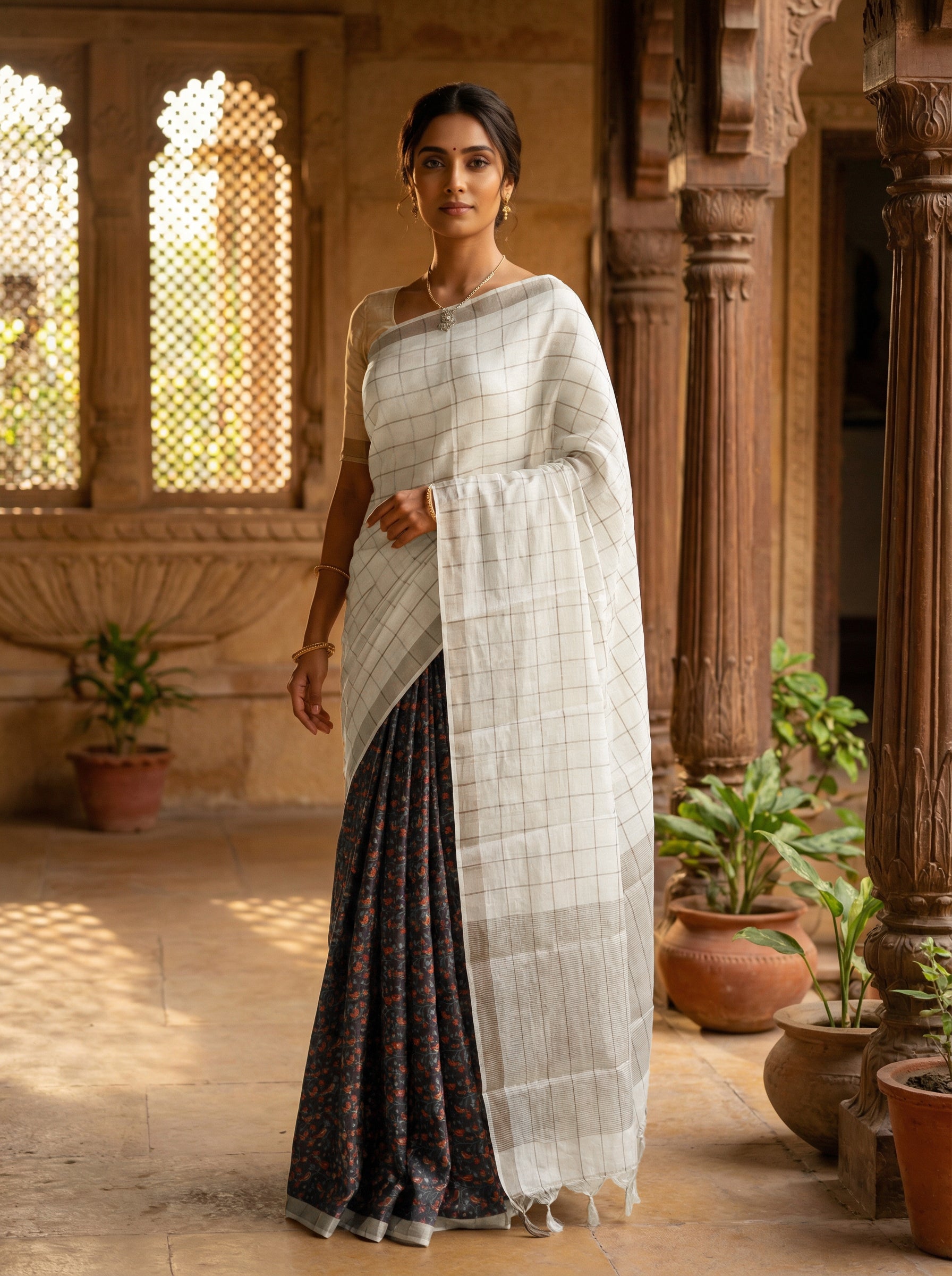 Pure Tusser Silk Fusion Saree in Greyish Black & Beige with Check and Printed Design