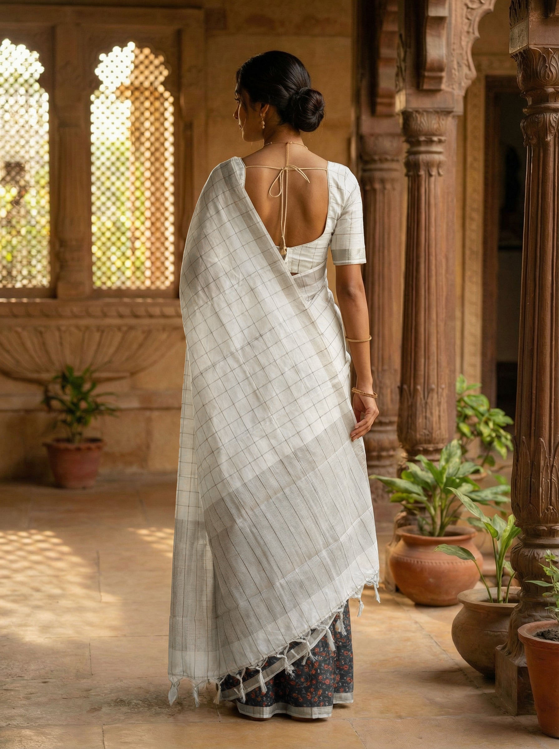 Pure Tusser Silk Fusion Saree in Greyish Black & Beige with Check and Printed Design