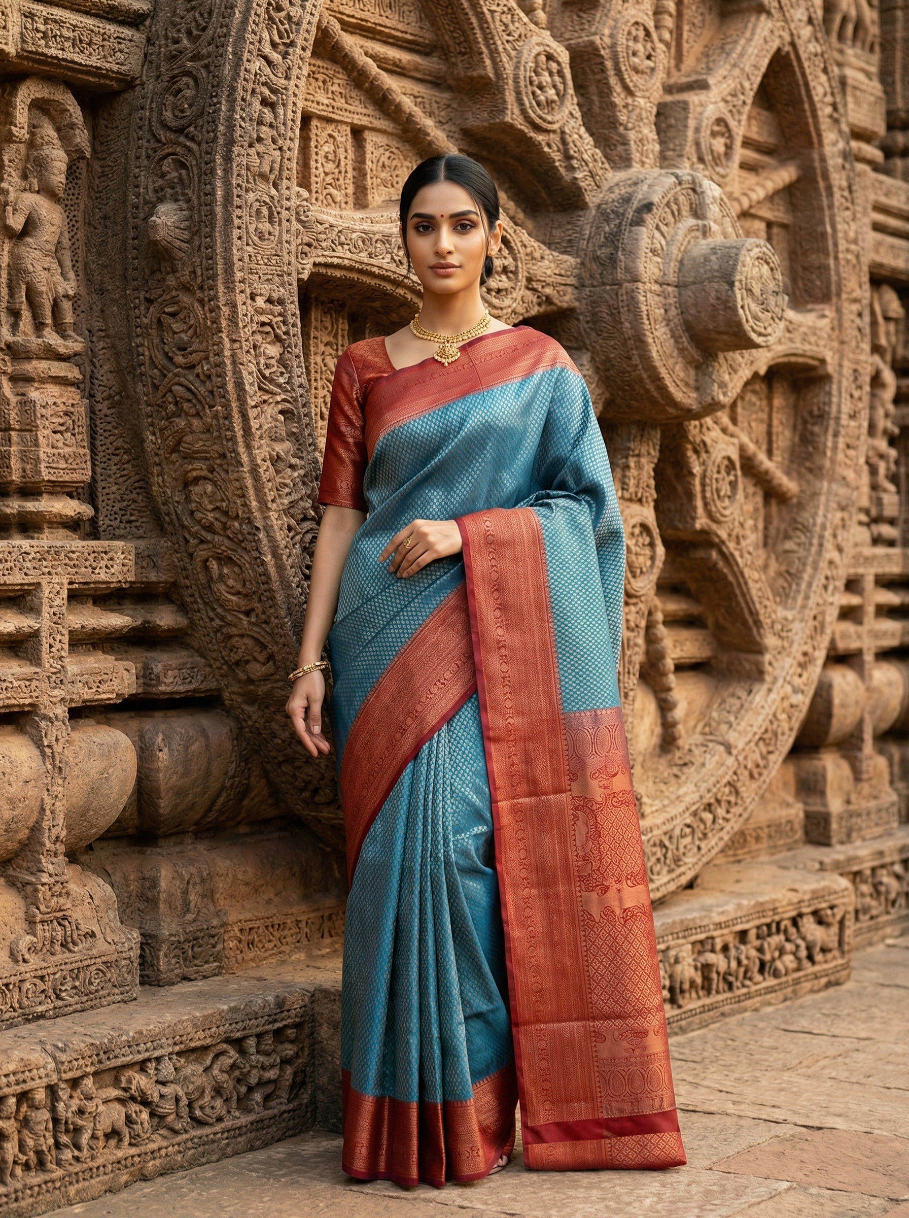 Pure Kancheepuram Brocade Silk Saree in Peacock Blue with Golden Zari – Floral Body