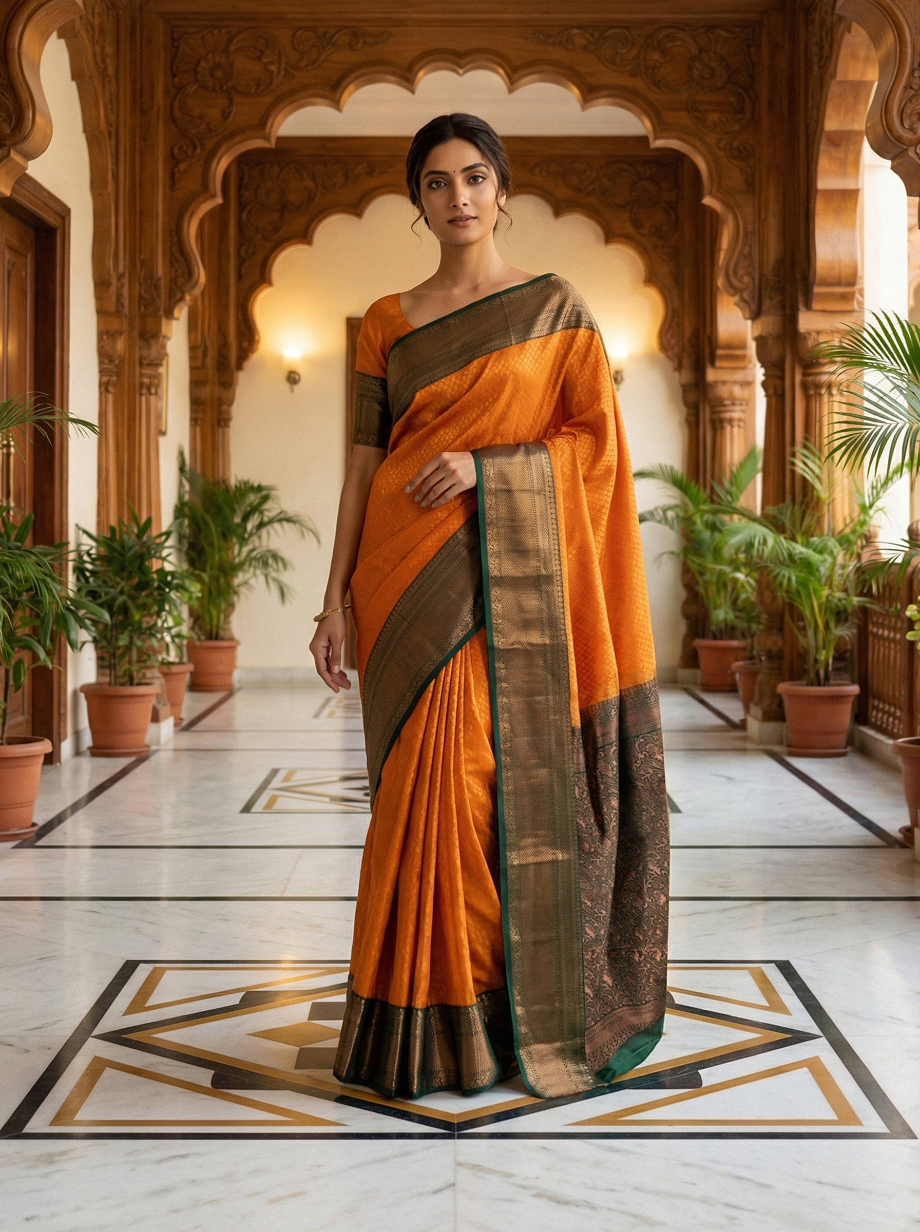 Pure Kancheepuram Silk Saree in Golden Yellow with Copper Zari – Fleur-de-lis Body