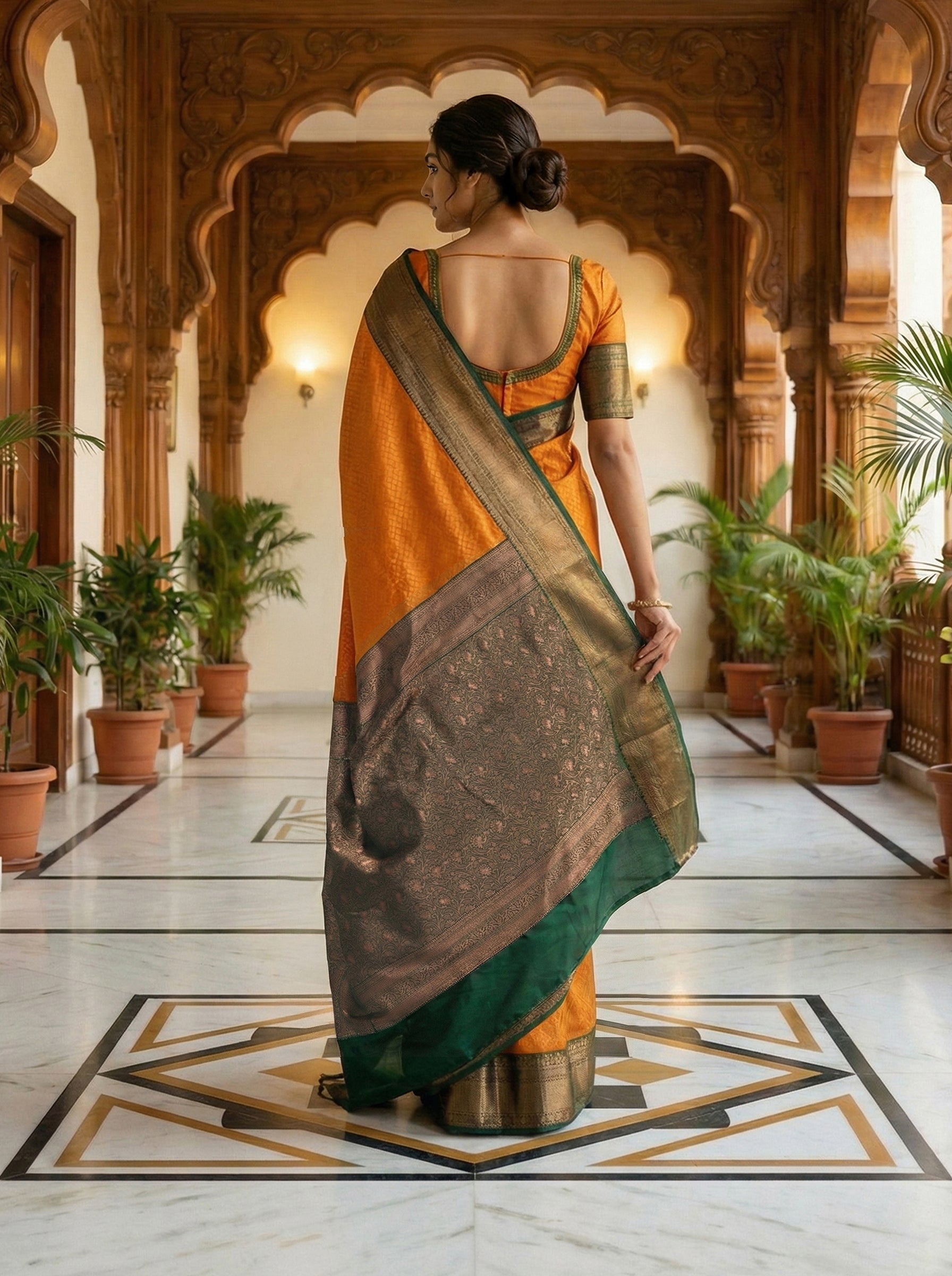 Pure Kancheepuram Silk Saree in Golden Yellow with Copper Zari – Fleur-de-lis Body