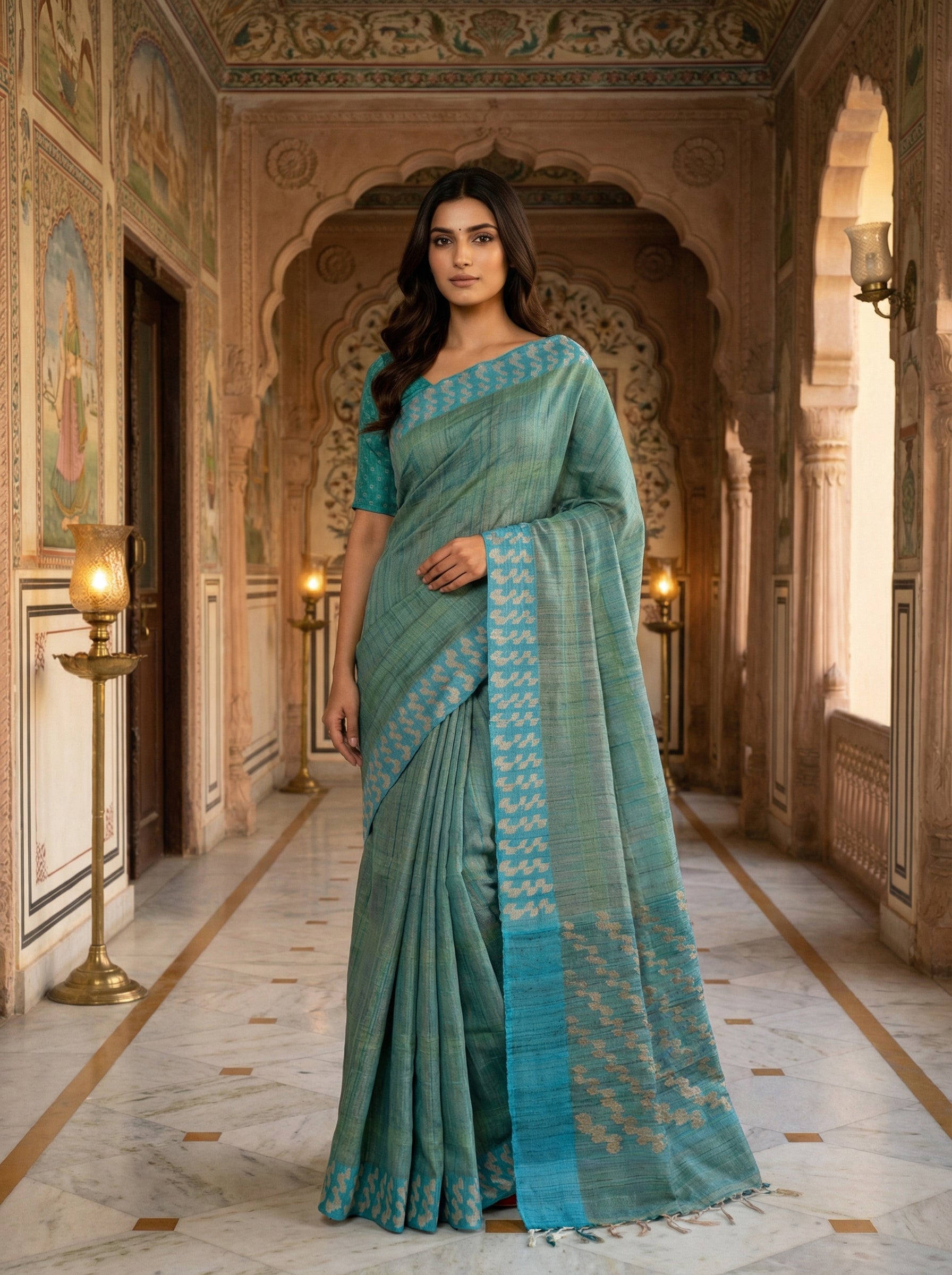 Pure Jute Silk Saree in Sage Green with Floral Stripes & Zig-Zag Contrast Border