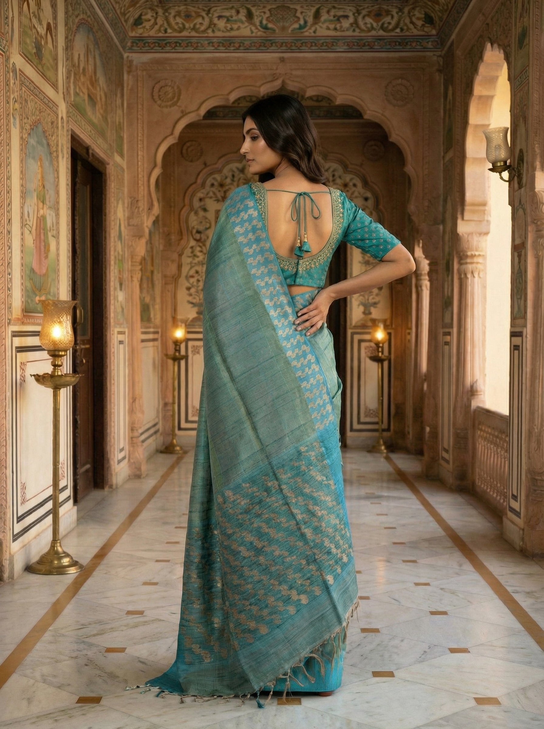 Pure Jute Silk Saree in Sage Green with Floral Stripes & Zig-Zag Contrast Border