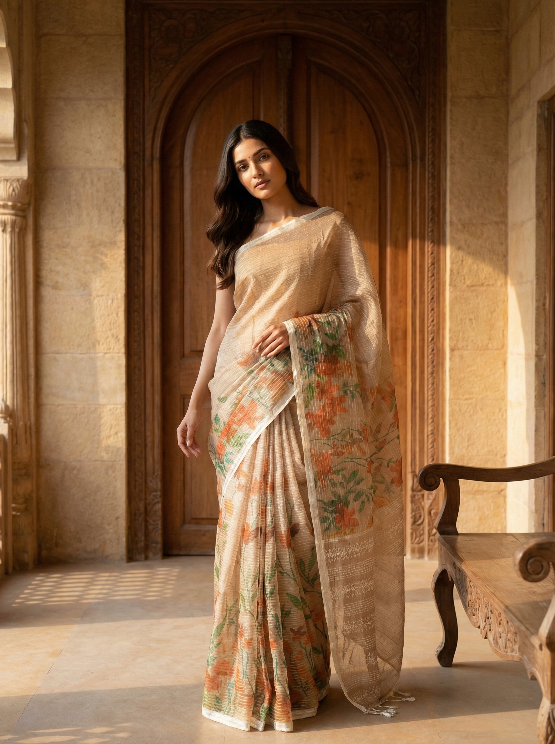 Pure Tusser Silk Saree in Tusser Beige with Check, Sequence & Floral Print