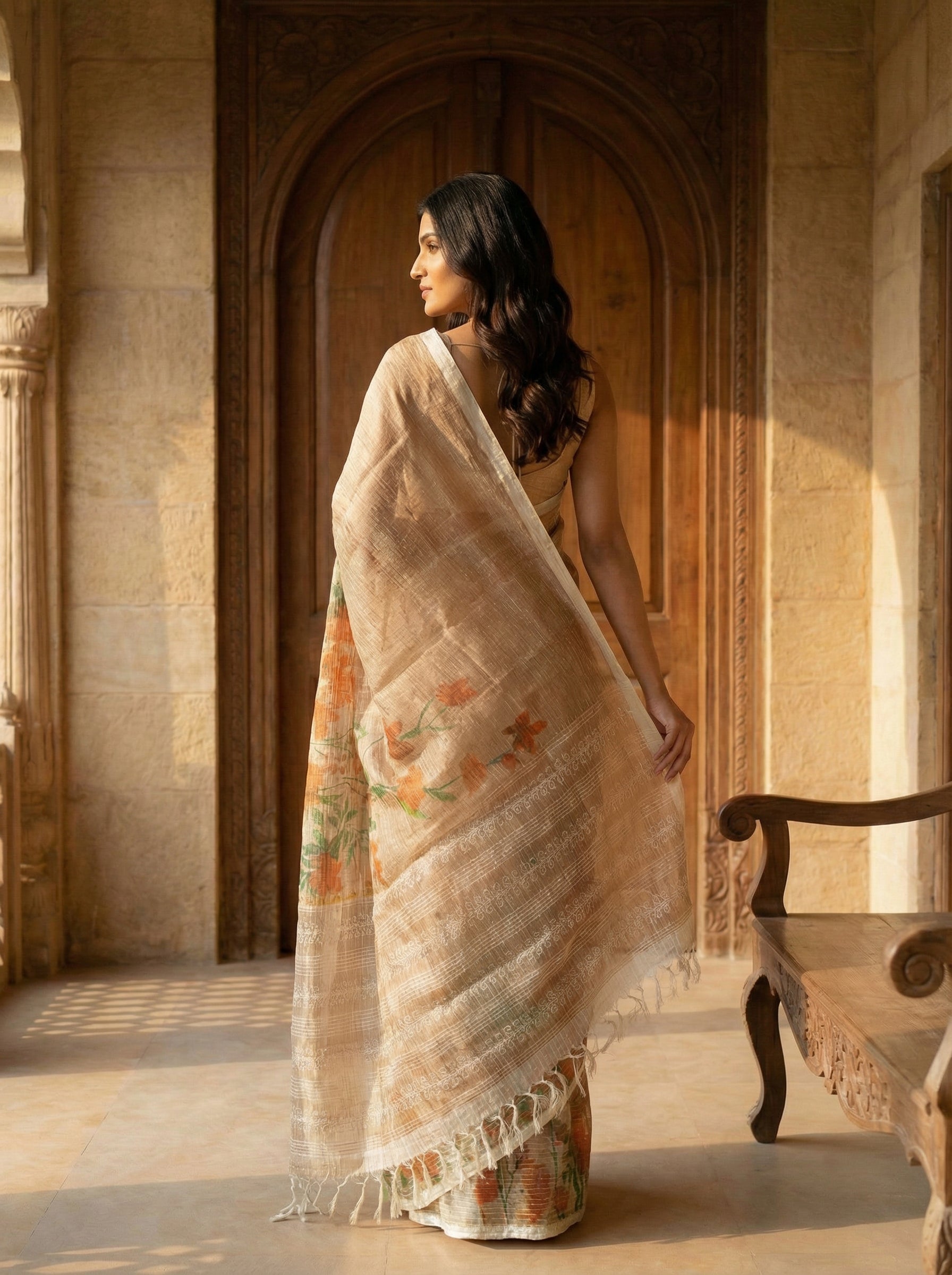 Pure Tusser Silk Saree in Tusser Beige with Check, Sequence & Floral Print