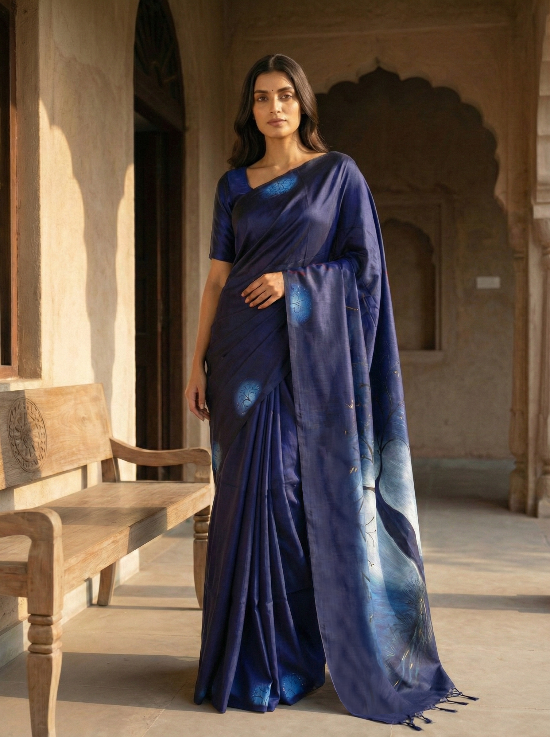 Pure Kancheepuram Silk Saree in Navy Blue – Plain Body with Mural Print Pallu