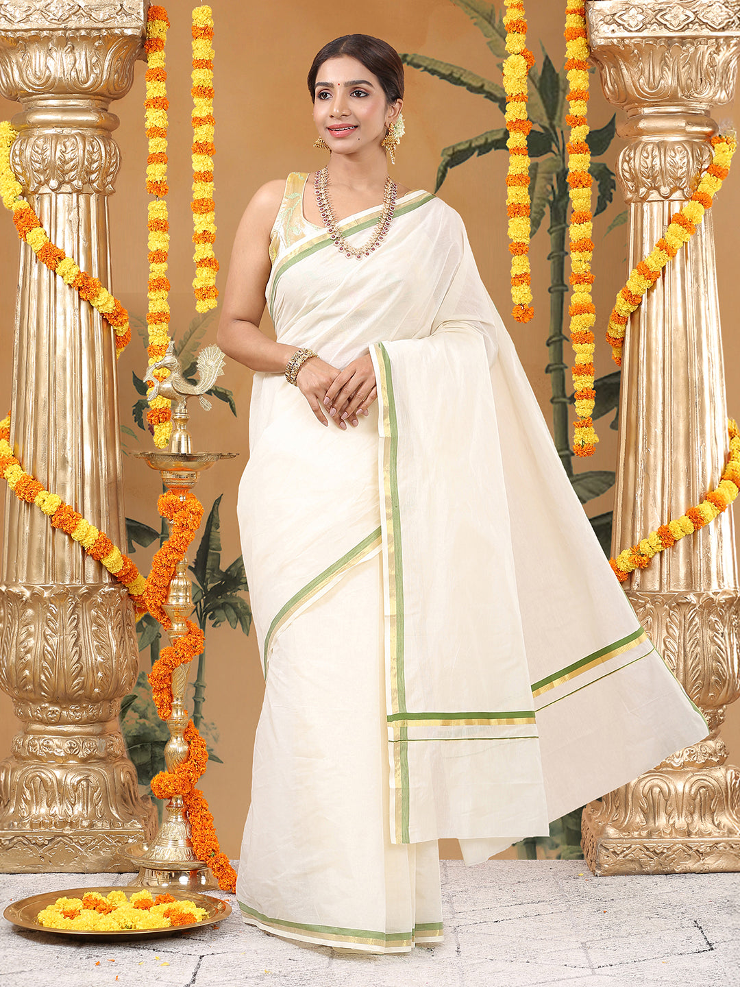 Cotton Off-White Set Saree with Golden & Olive Green Double Border and Pallu Detailing