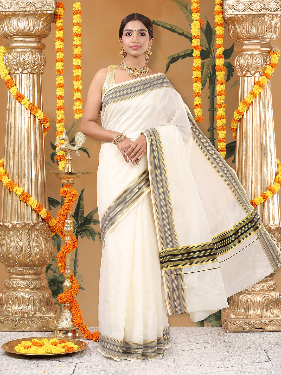 Off-White Cotton Plain Set Saree with Black Stripes On Golden Kasavu Border