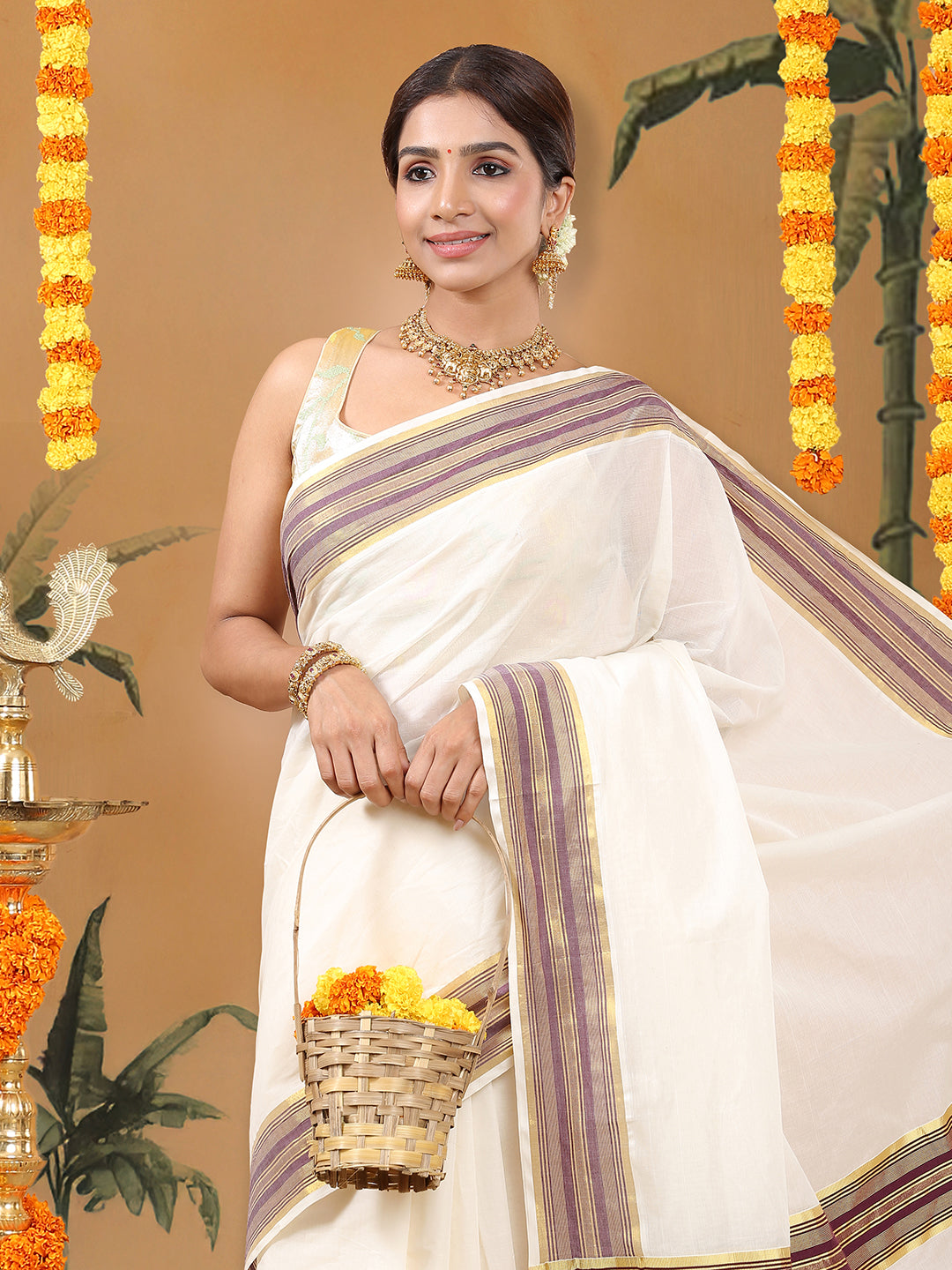 Off-White Cotton Plain Set Saree with Maroon Stripes On Golden Kasavu Border
