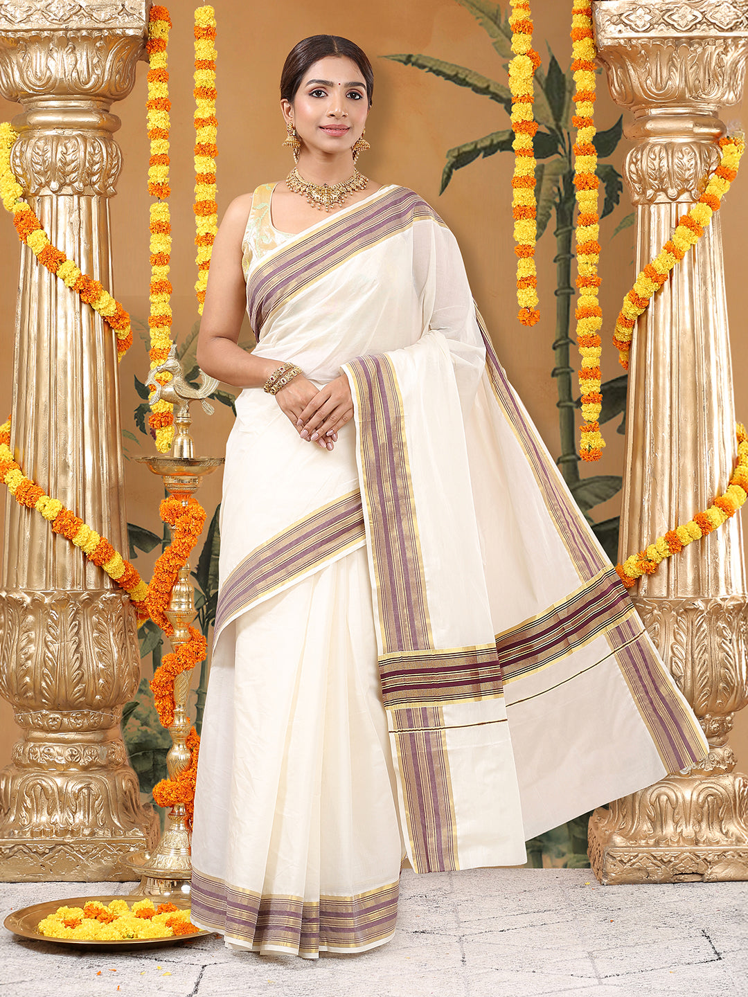 Off-White Cotton Plain Set Saree with Maroon Stripes On Golden Kasavu Border