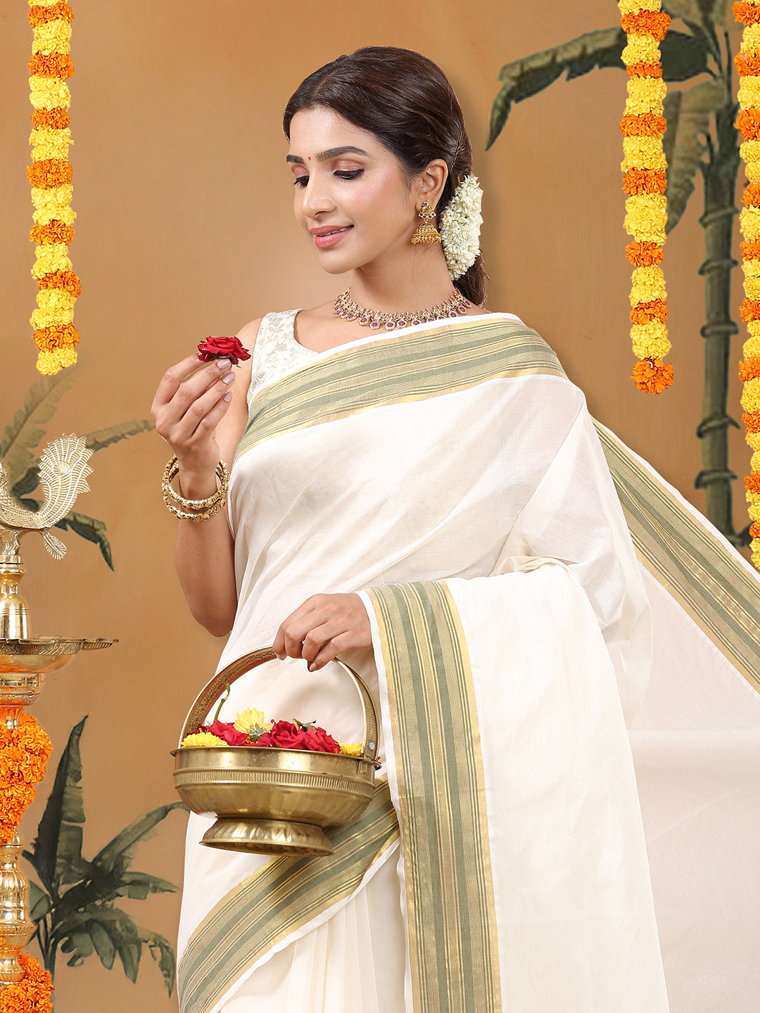 Off-White Cotton Saree with Olive Green Stripes & Golden Kasavu Border