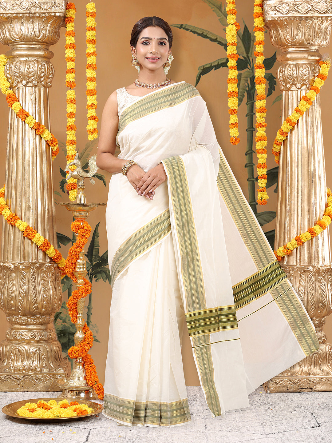 Off-White Cotton Saree with Olive Green Stripes & Golden Kasavu Border