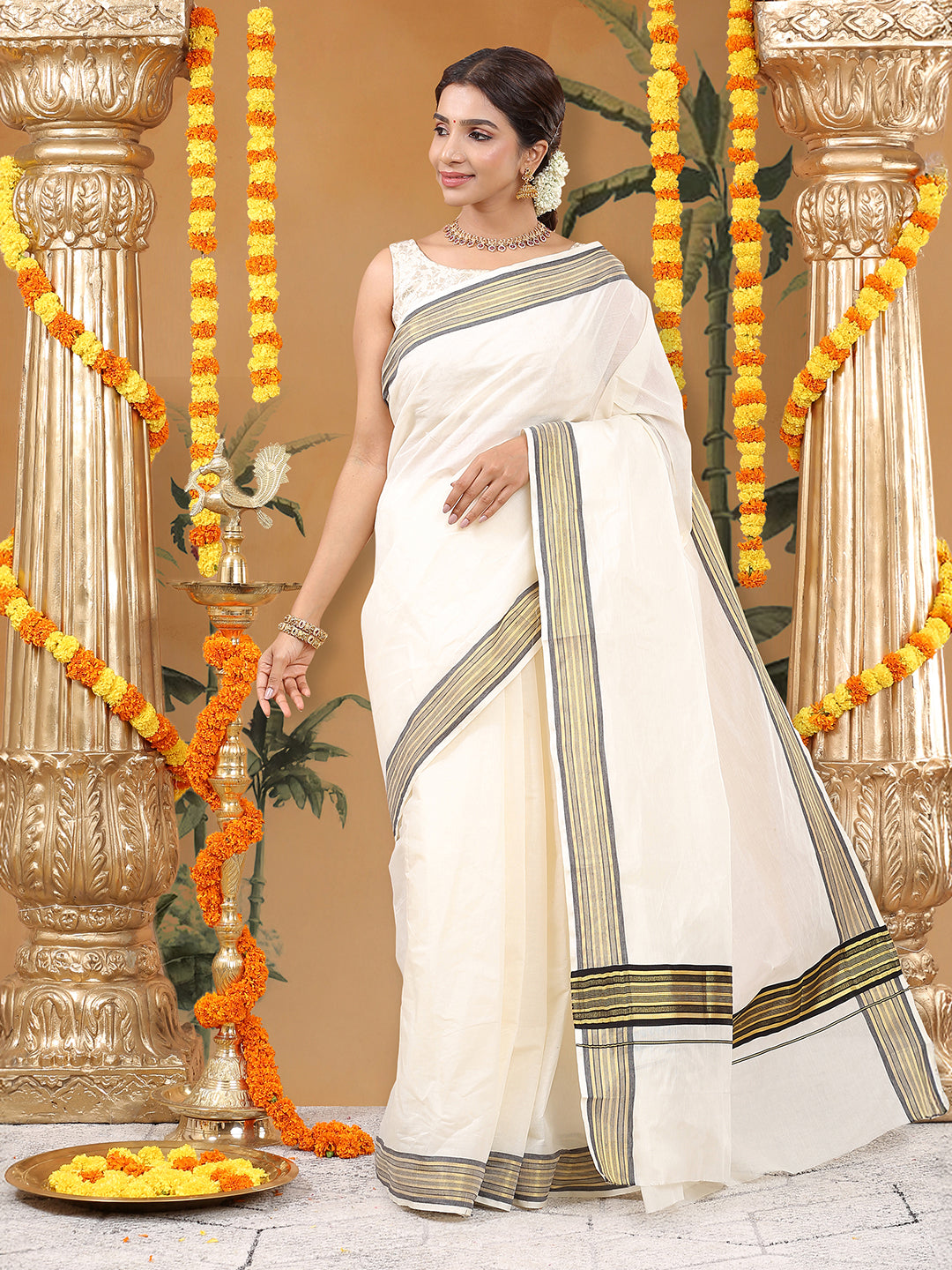 Off-White Cotton Plain Set Saree with Black-Golden Striped Border & Pallu