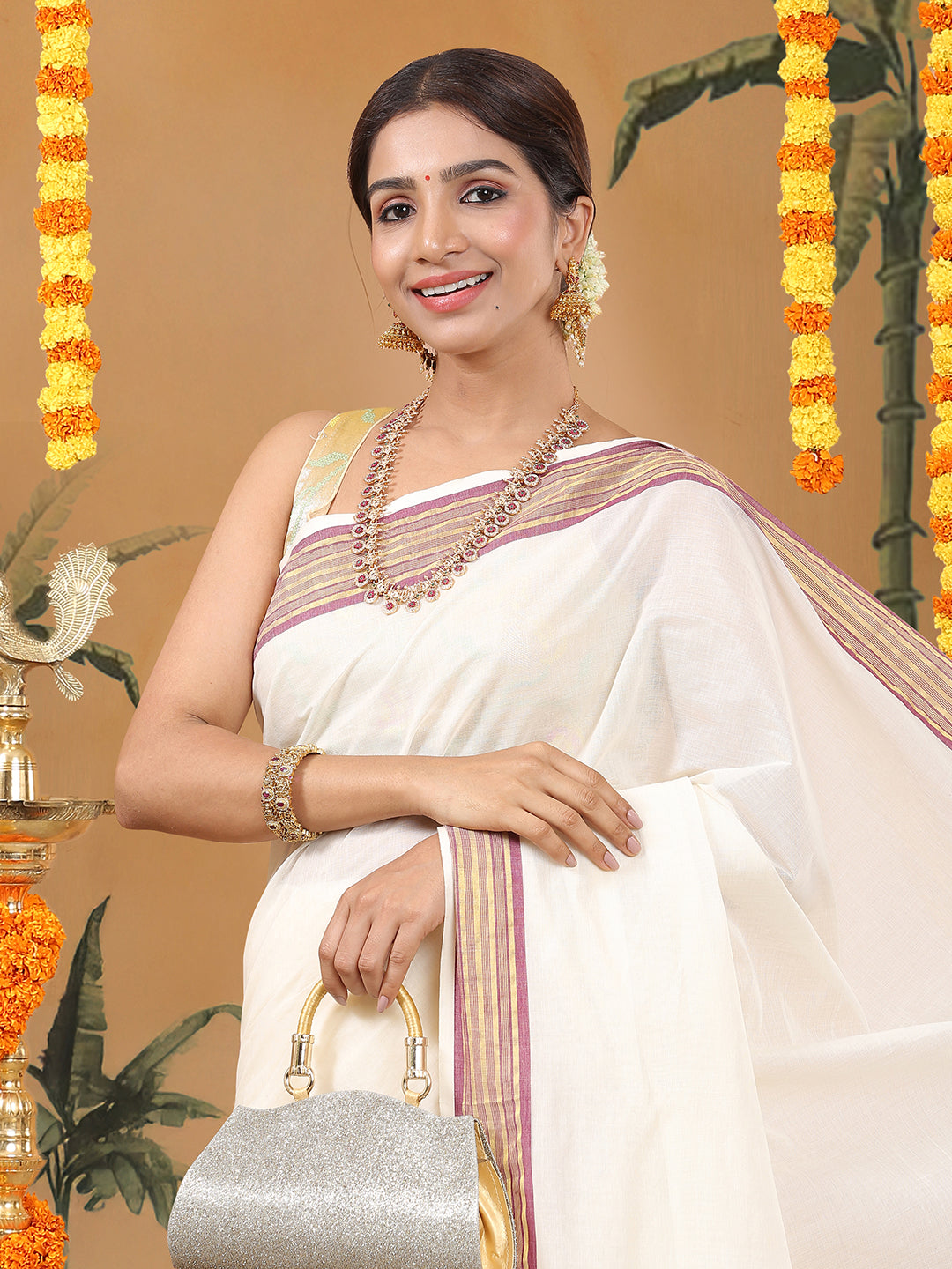 Off-White Cotton Saree with Maroon-Golden Striped Border & Pallu