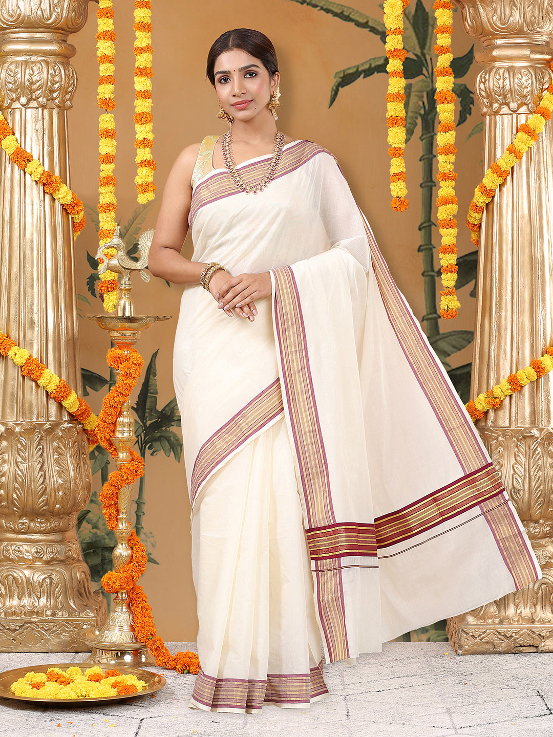 Off-White Cotton Saree with Maroon-Golden Striped Border & Pallu