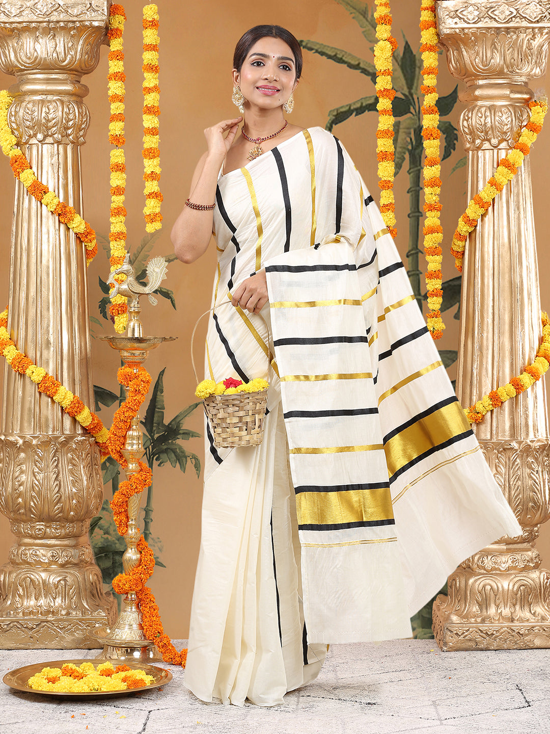 Cotton Off-White Borderless Kerala Set Saree with Golden-Black Stripes and Black-Edged Golden Border