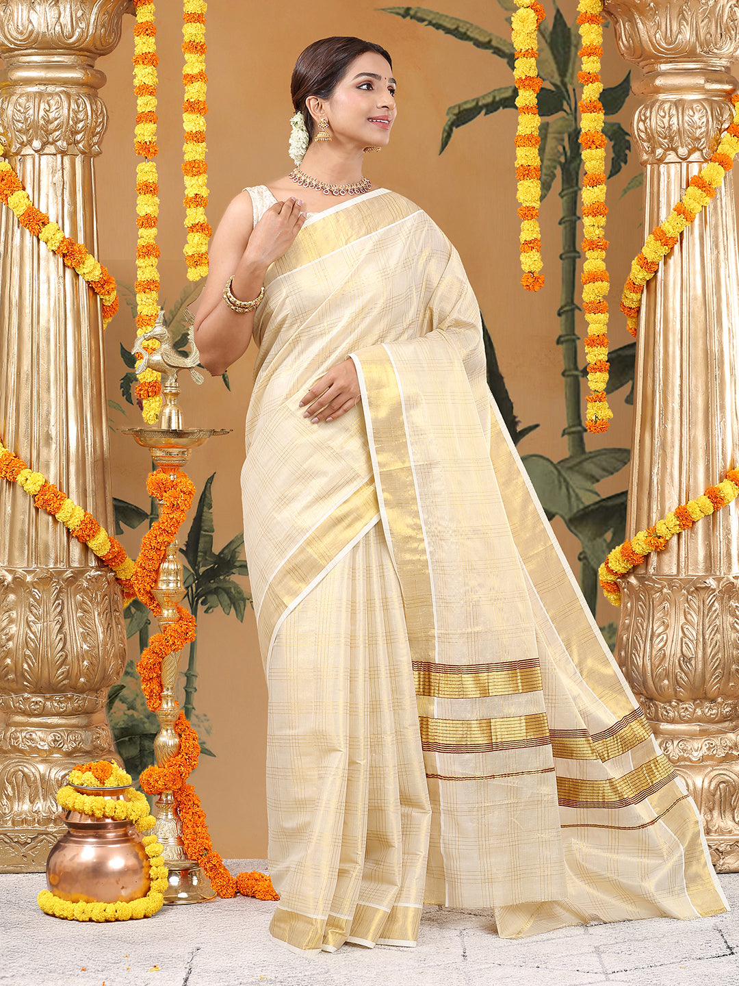 Tissue Golden Set Saree with Classic Four Lined Golden Check Design & Purple Accents Pallu