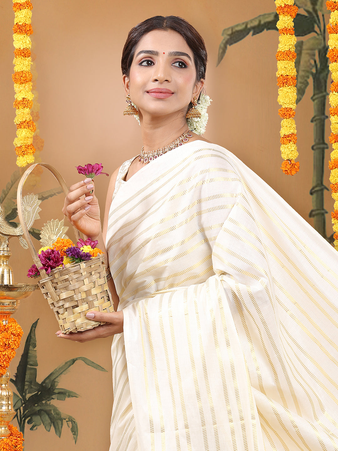 Off-White Cotton Borderless Set Saree with Golden Checkerboarder Stripes and Yellow Tassels