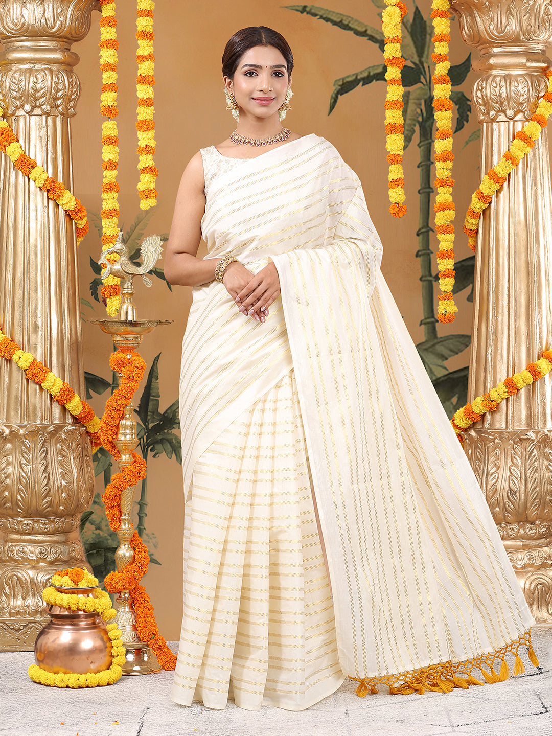 Off-White Cotton Borderless Set Saree with Golden Checkerboarder Stripes and Yellow Tassels