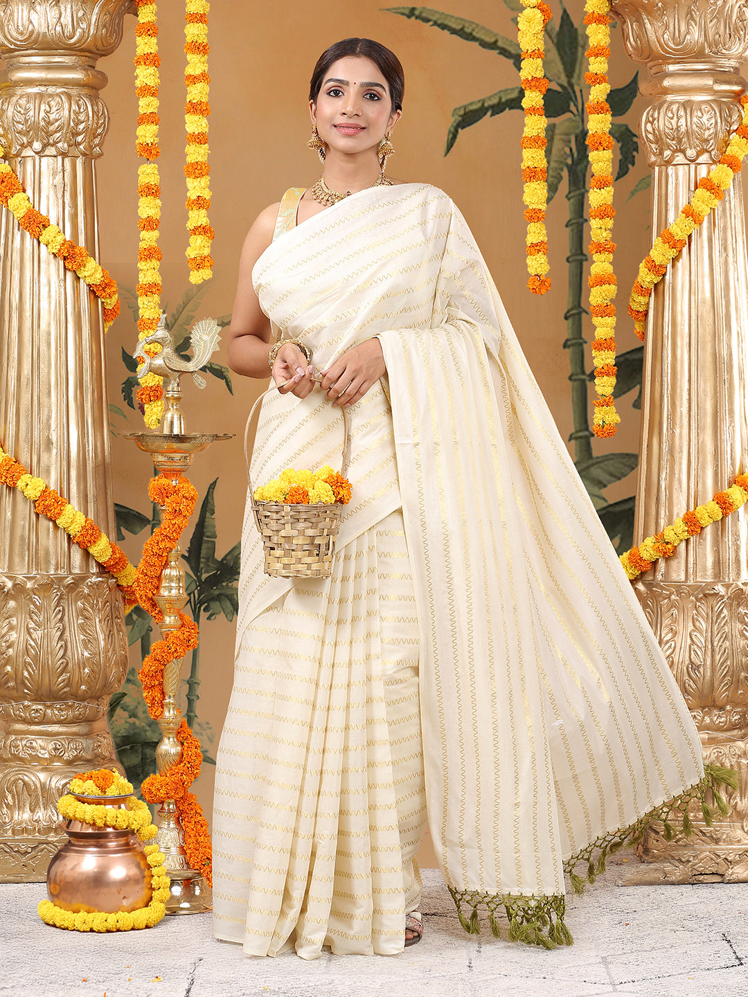 Off-White Cotton Borderless Set Saree with Golden Zigzag Stripes and Olive Green Tassels