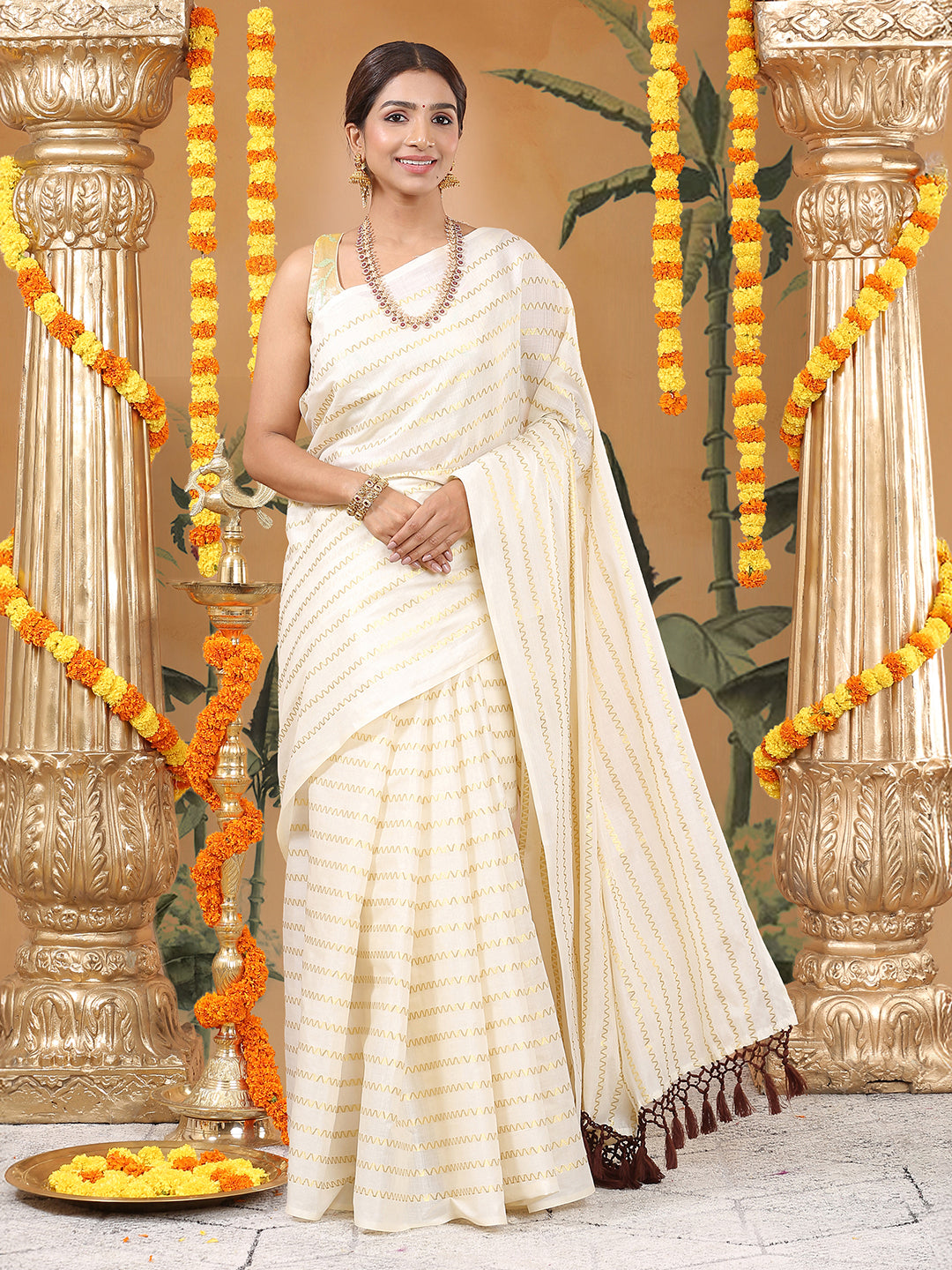 Off-White Cotton Borderless Set Saree with Zig-Zag Gold Stripes and Brown Tassels