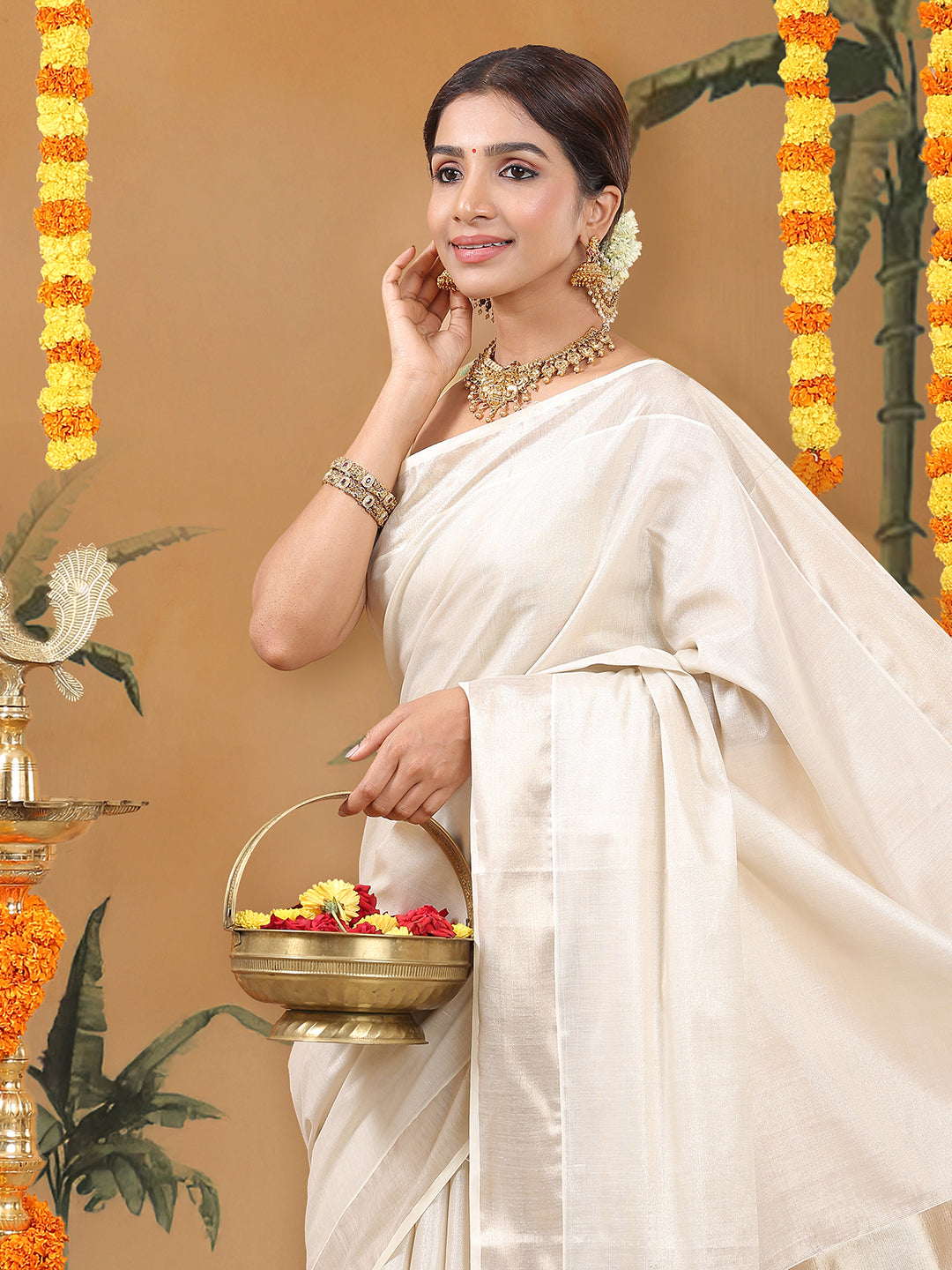 Tissue Antique Golden Plain Set Saree with Long Kasavu Pallu